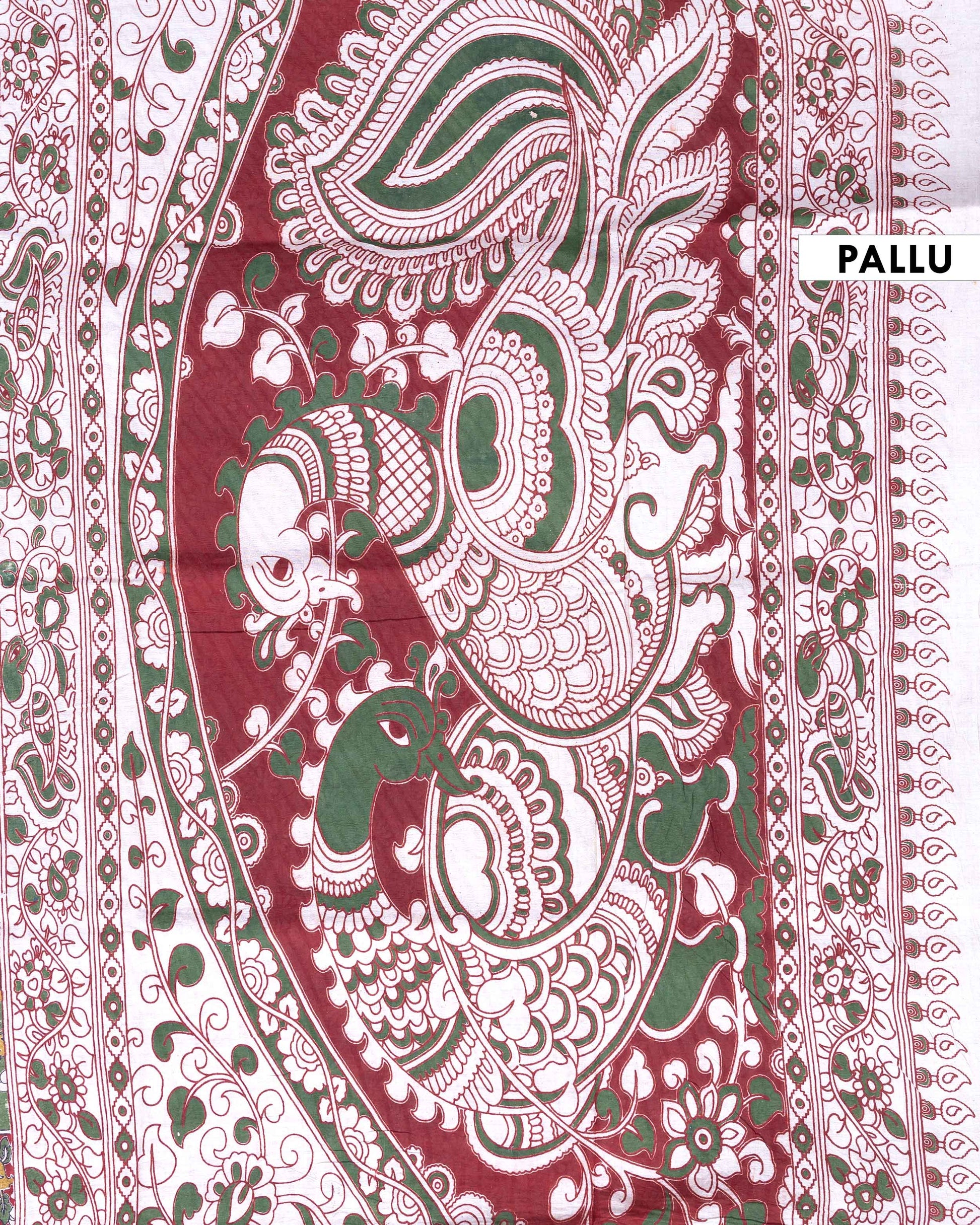 Traditional Handloom Kalamkari Cotton Saree with Traditional Peacock and Floral Motifs - Dark Green