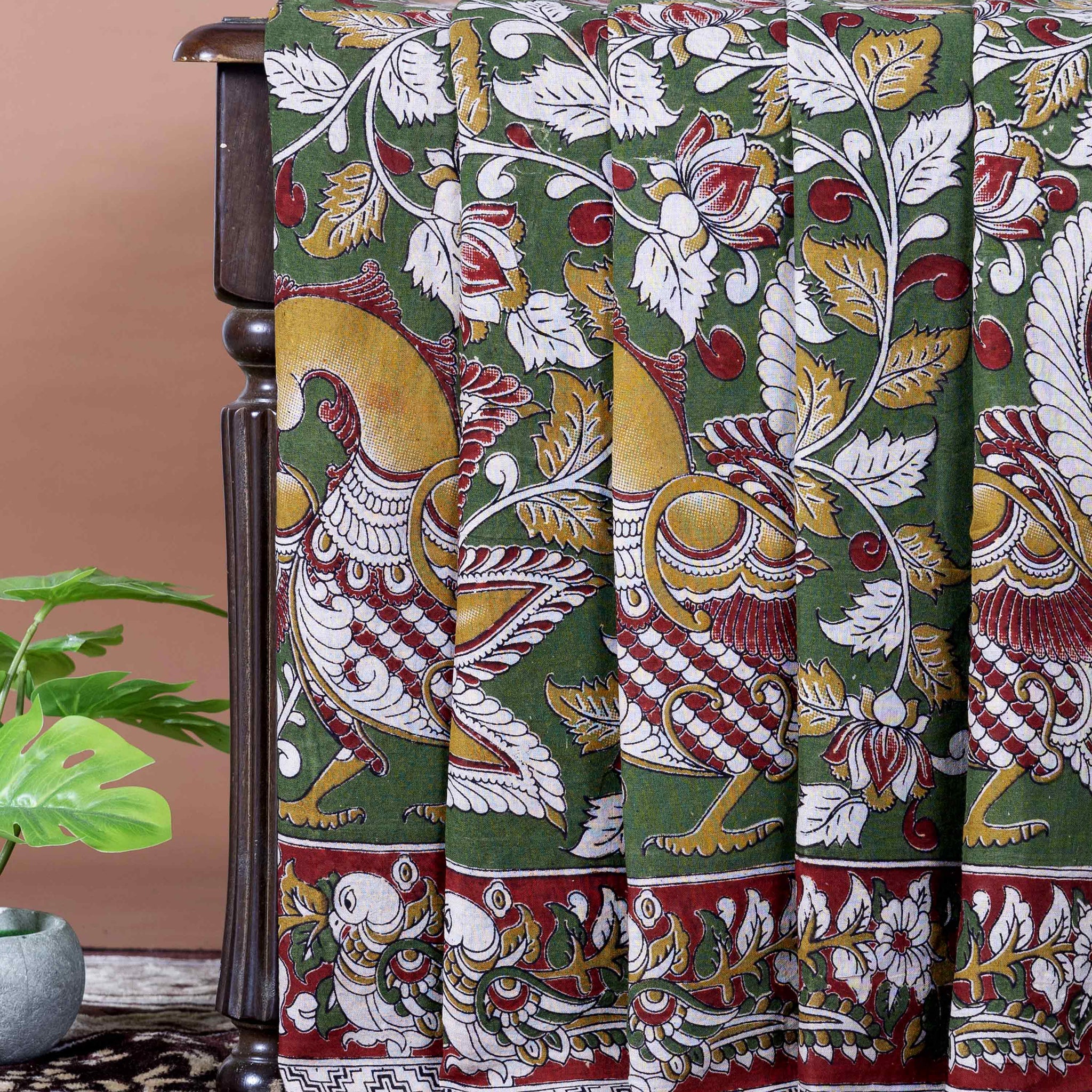 Traditional Handloom Kalamkari Cotton Saree with Traditional Peacock and Floral Motifs - Dark Green