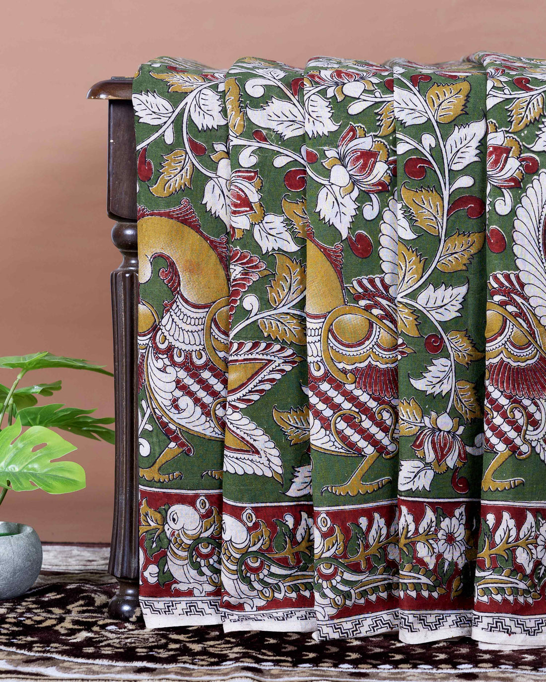 Traditional Handloom Kalamkari Cotton Saree with Traditional Peacock and Floral Motifs - Dark Green