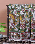 Traditional Handloom Kalamkari Cotton Saree with Traditional Peacock and Floral Motifs - Dark Green
