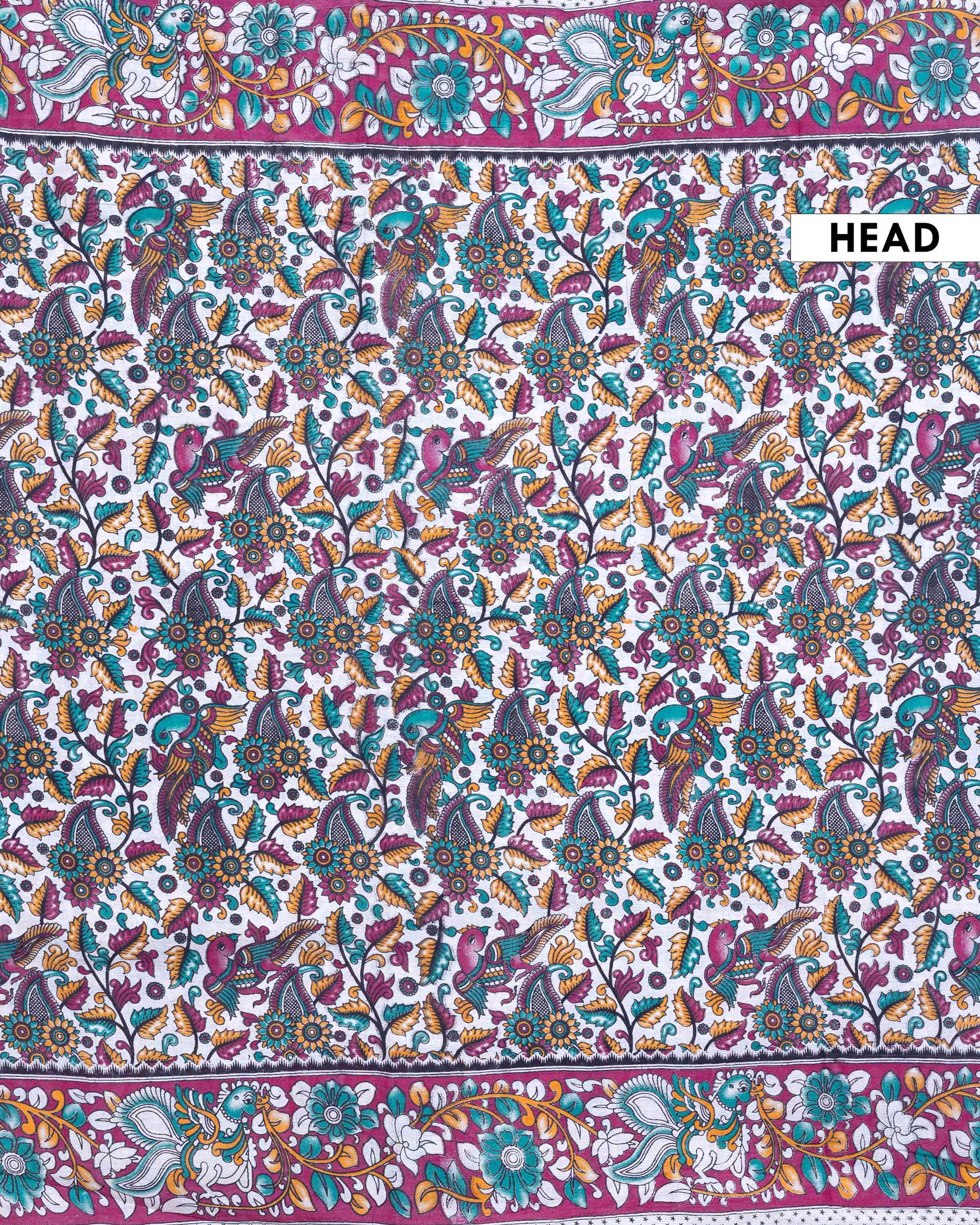 Traditional Handloom Kalamkari Cotton Saree with Traditional Peacock and Floral Motifs - Off White