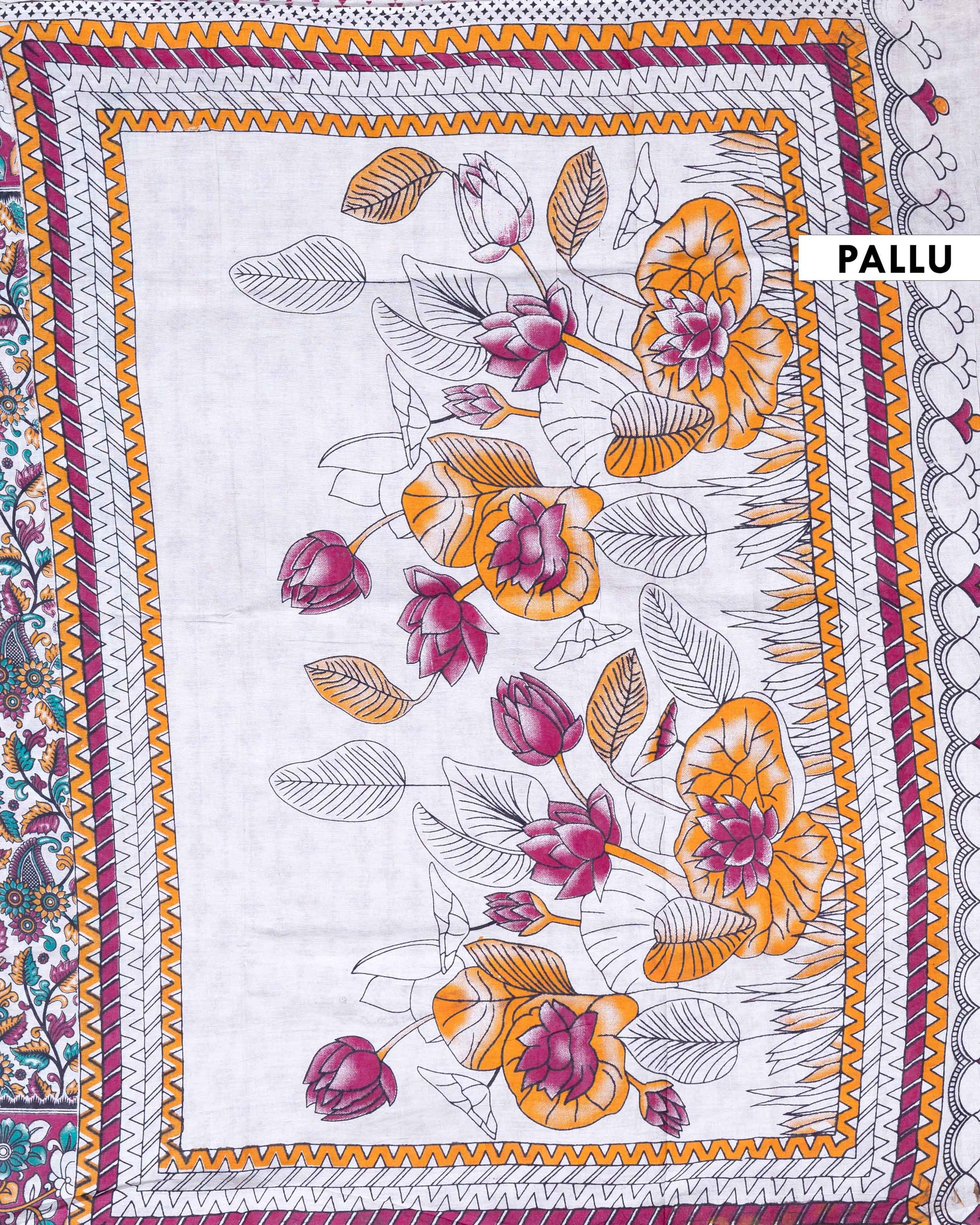 Traditional Handloom Kalamkari Cotton Saree with Traditional Peacock and Floral Motifs - Off White