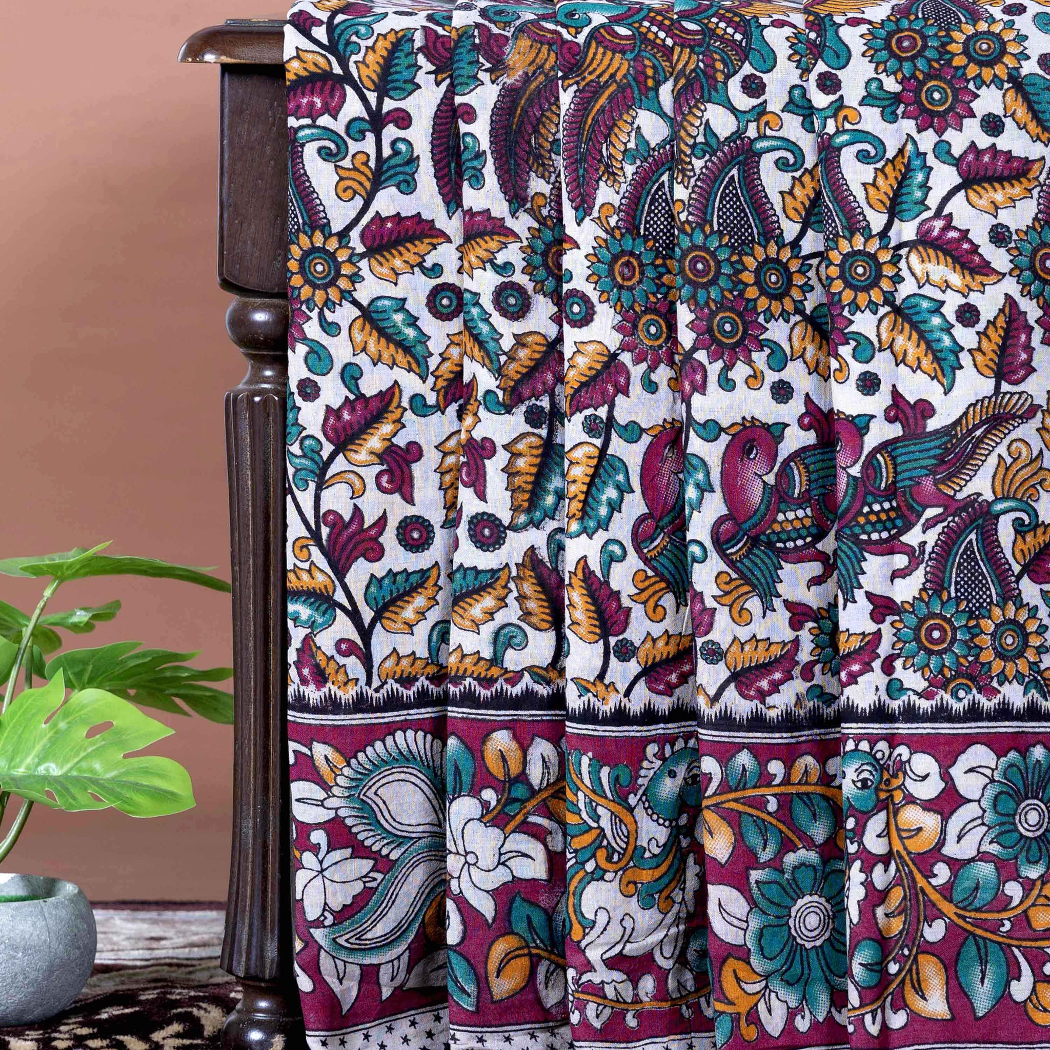 Traditional Handloom Kalamkari Cotton Saree with Traditional Peacock and Floral Motifs - Off White