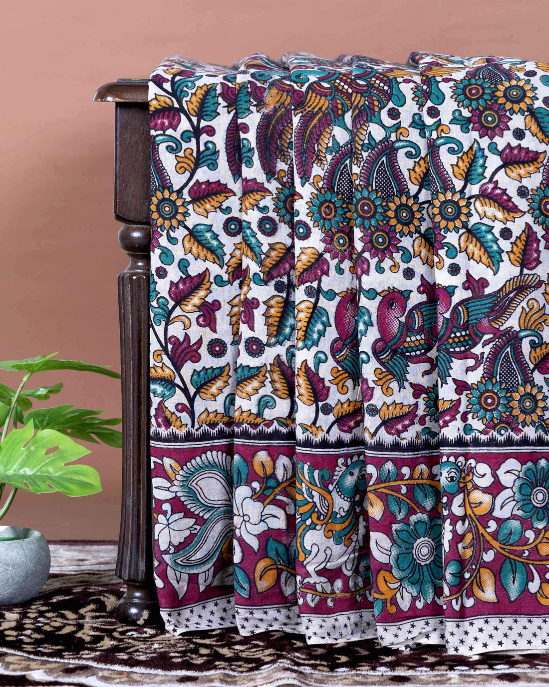 Traditional Handloom Kalamkari Cotton Saree with Traditional Peacock and Floral Motifs - Off White