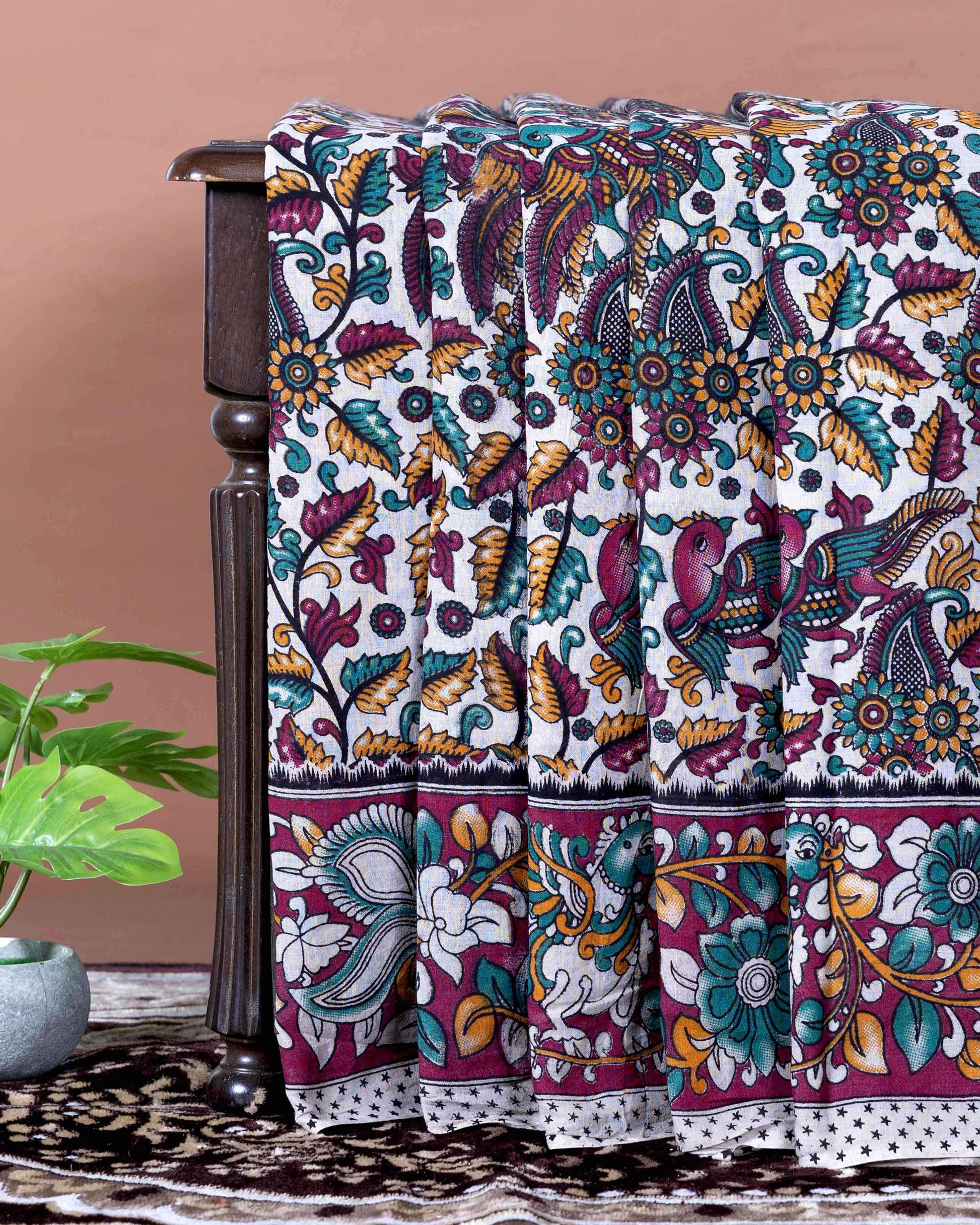 Traditional Handloom Kalamkari Cotton Saree with Traditional Peacock and Floral Motifs - Off White