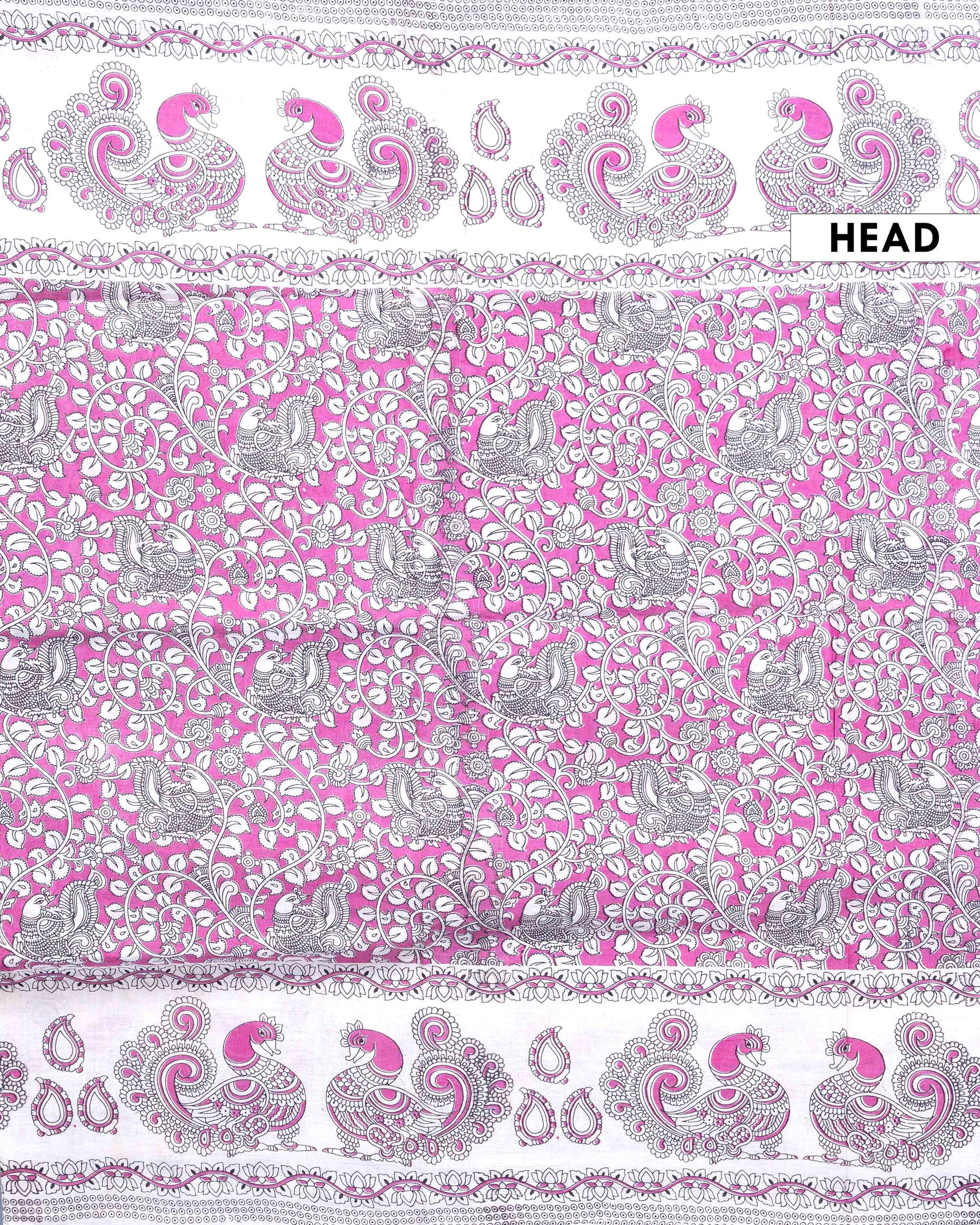 Traditional Handloom Kalamkari Cotton Saree with Traditional Peacock and Floral Motifs - Pink