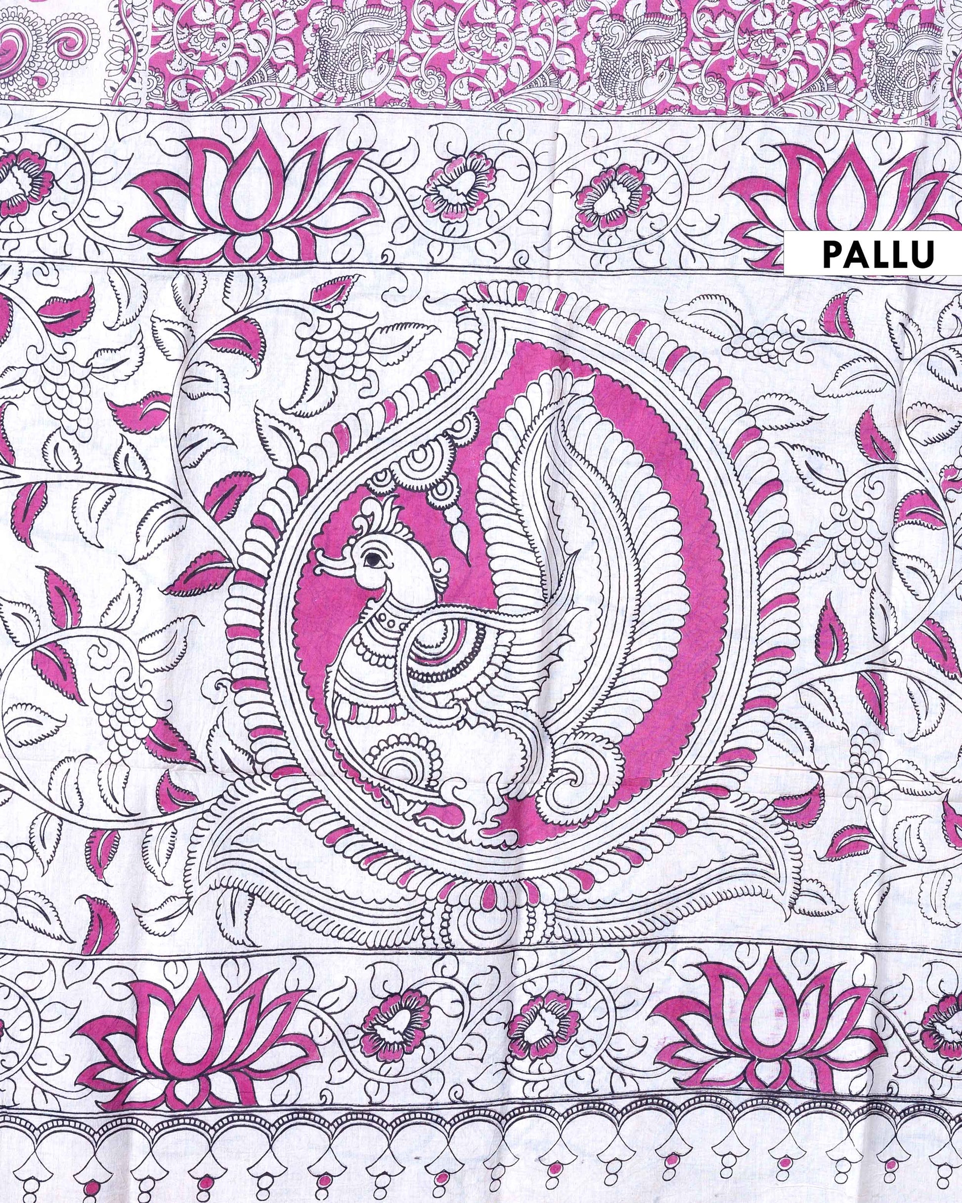 Traditional Handloom Kalamkari Cotton Saree with Traditional Peacock and Floral Motifs - Pink