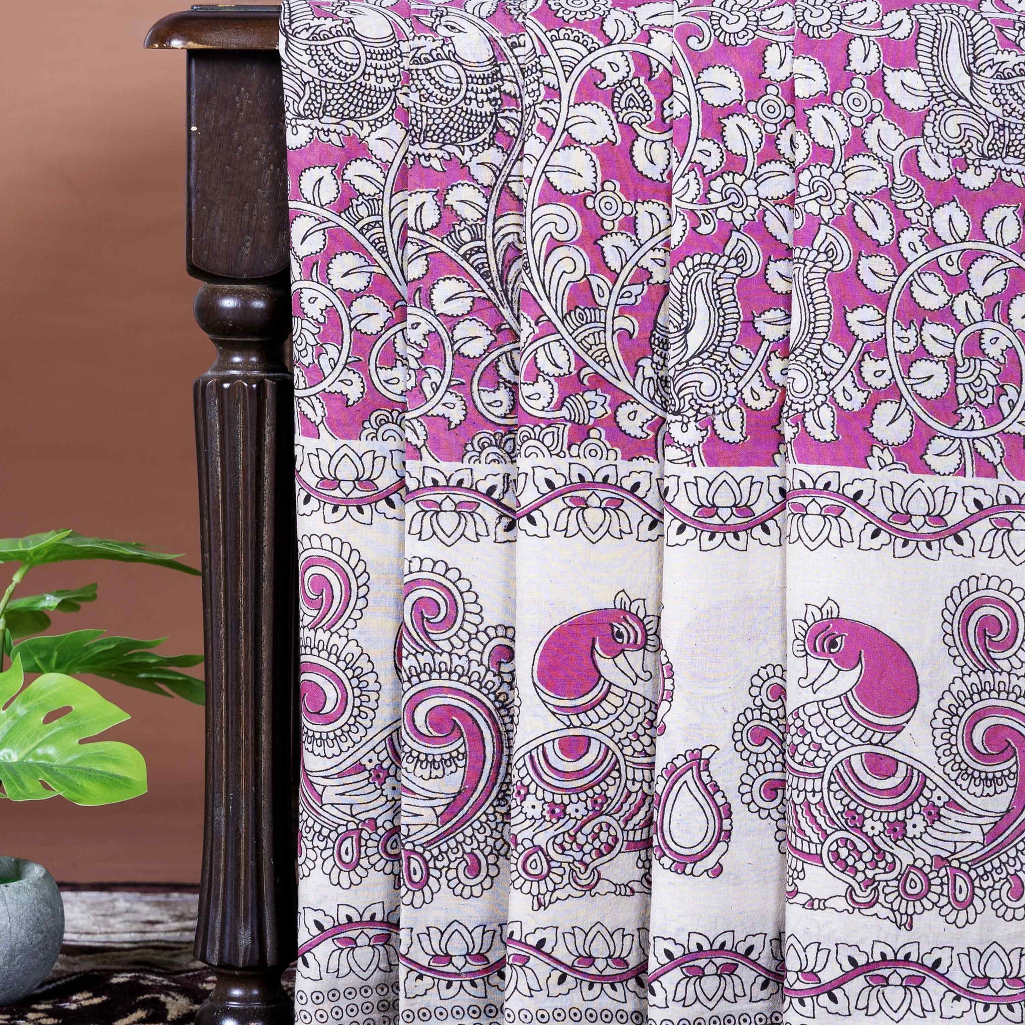 Traditional Handloom Kalamkari Cotton Saree with Traditional Peacock and Floral Motifs - Pink