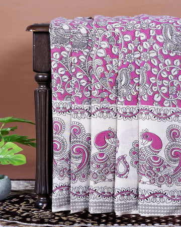 Traditional Handloom Kalamkari Cotton Saree with Traditional Peacock and Floral Motifs - Pink