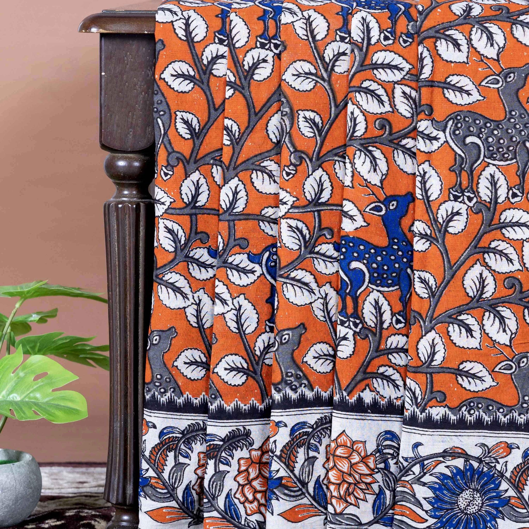 Traditional Handloom Kalamkari Cotton Saree with Tree of Life and Deer Motifs - Orange