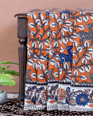 Traditional Handloom Kalamkari Cotton Saree with Tree of Life and Deer Motifs - Orange