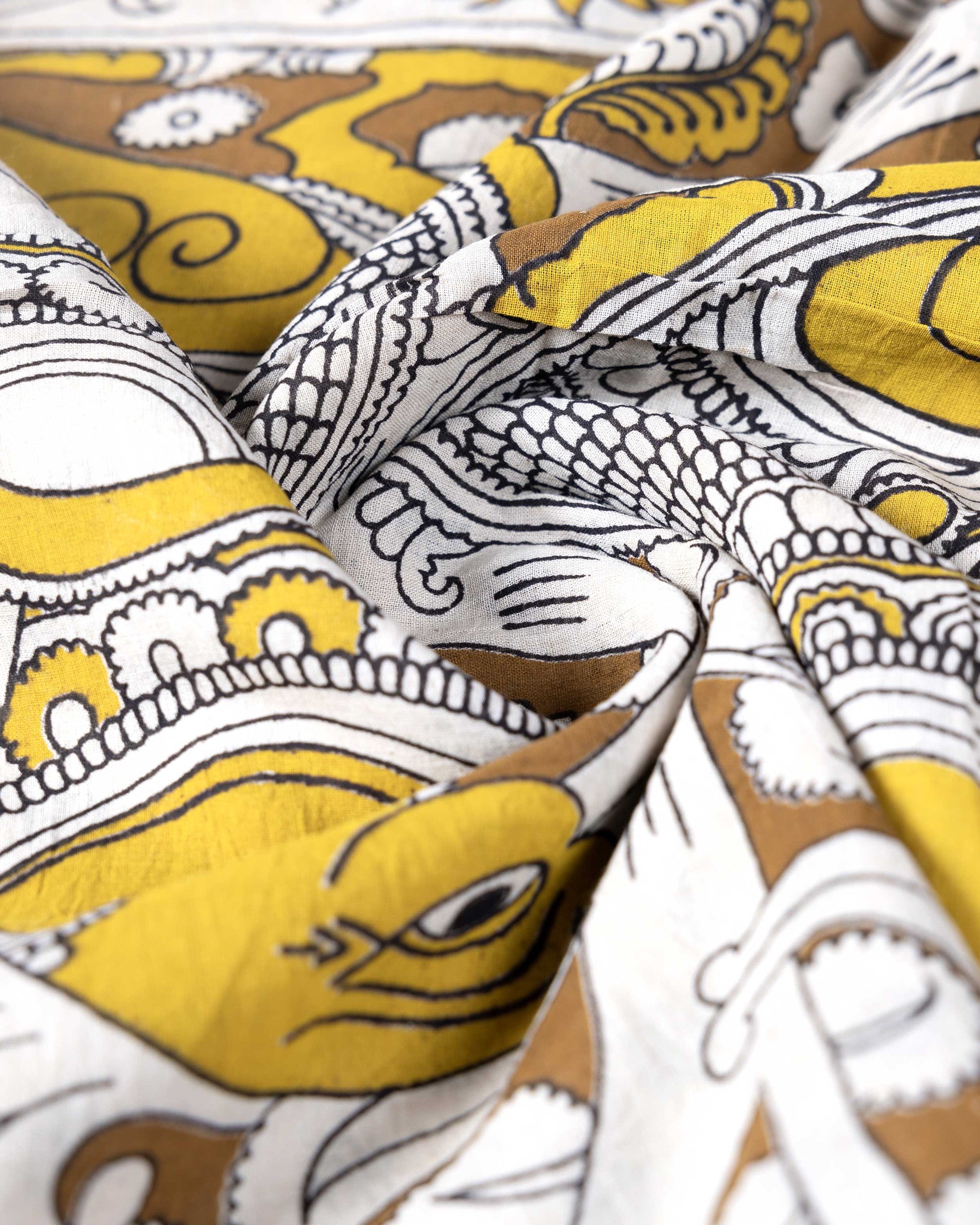 Traditional Handloom Kalamkari Cotton Saree with intricate all over botanical motifs and a contrasting decorative border - Yellow