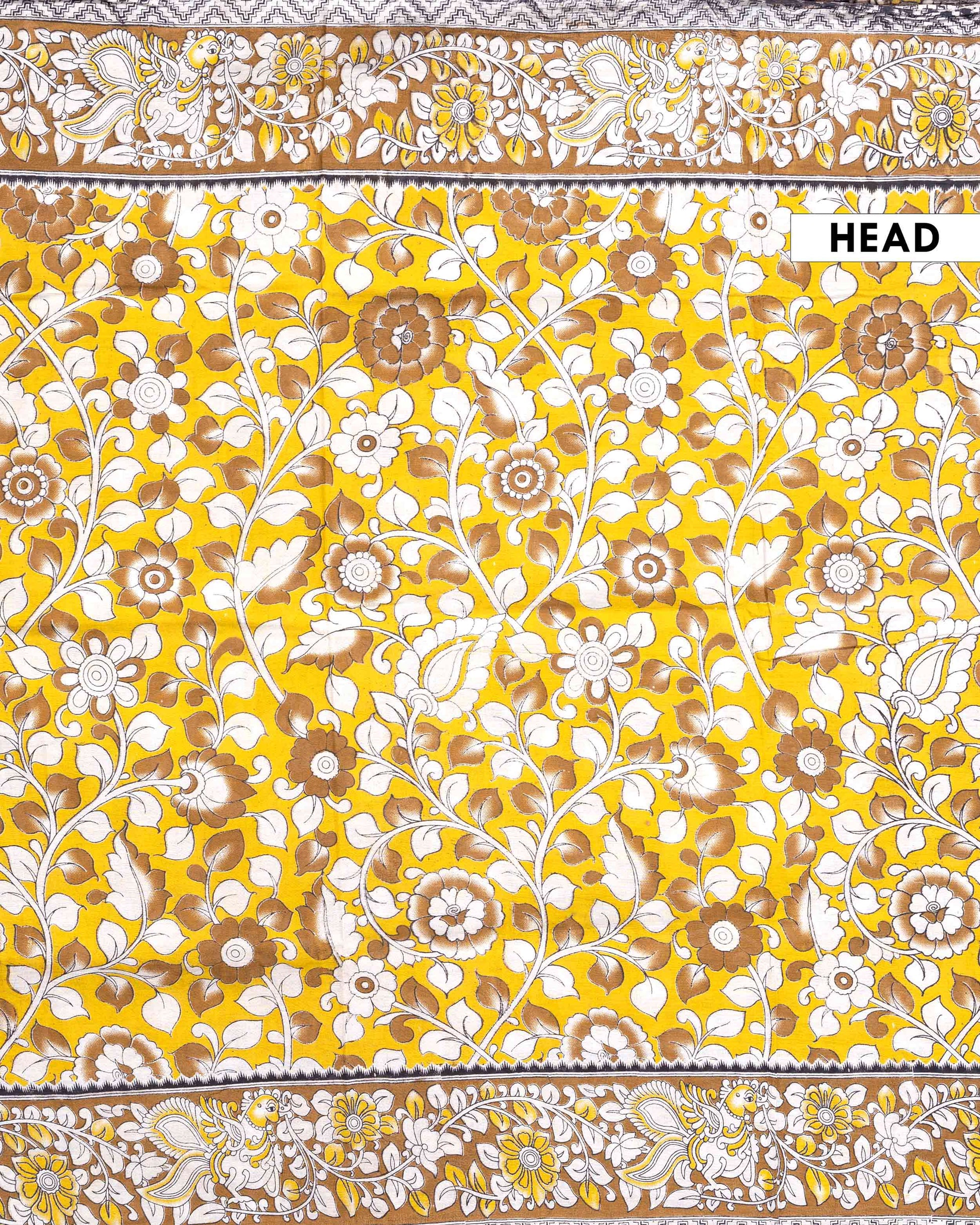 Traditional Handloom Kalamkari Cotton Saree with intricate all over botanical motifs and a contrasting decorative border - Yellow