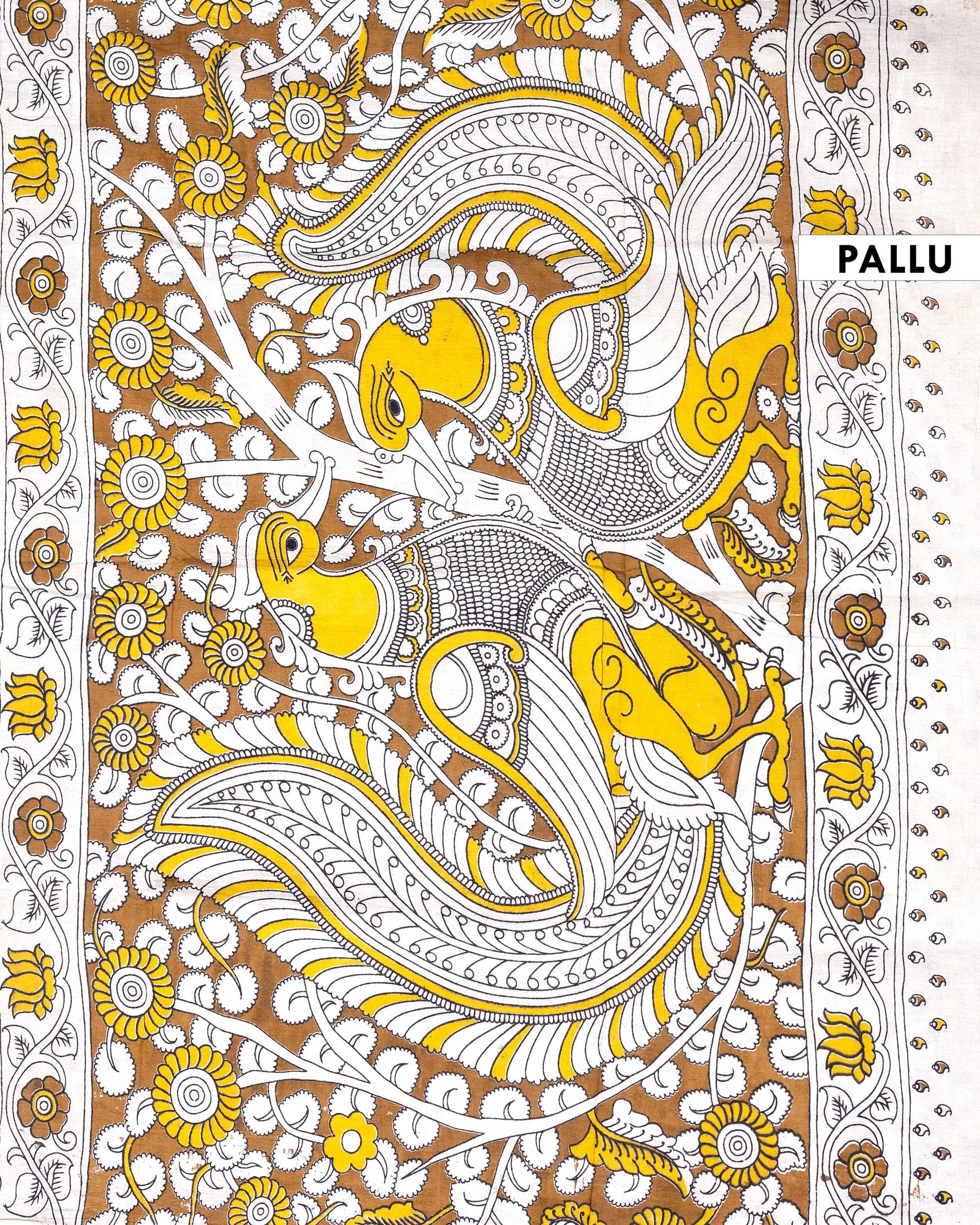 Traditional Handloom Kalamkari Cotton Saree with intricate all over botanical motifs and a contrasting decorative border - Yellow