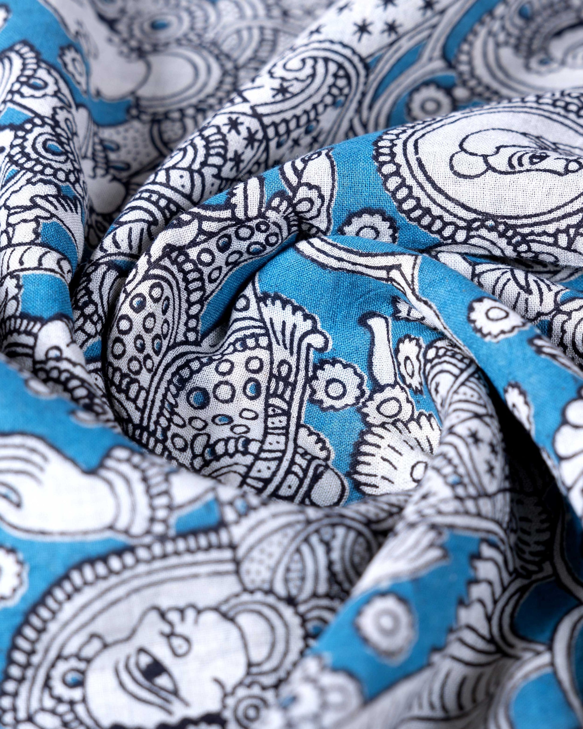 Traditional Handloom Kalamkari Saree Mythological Narratives and Border Detailing - Blue