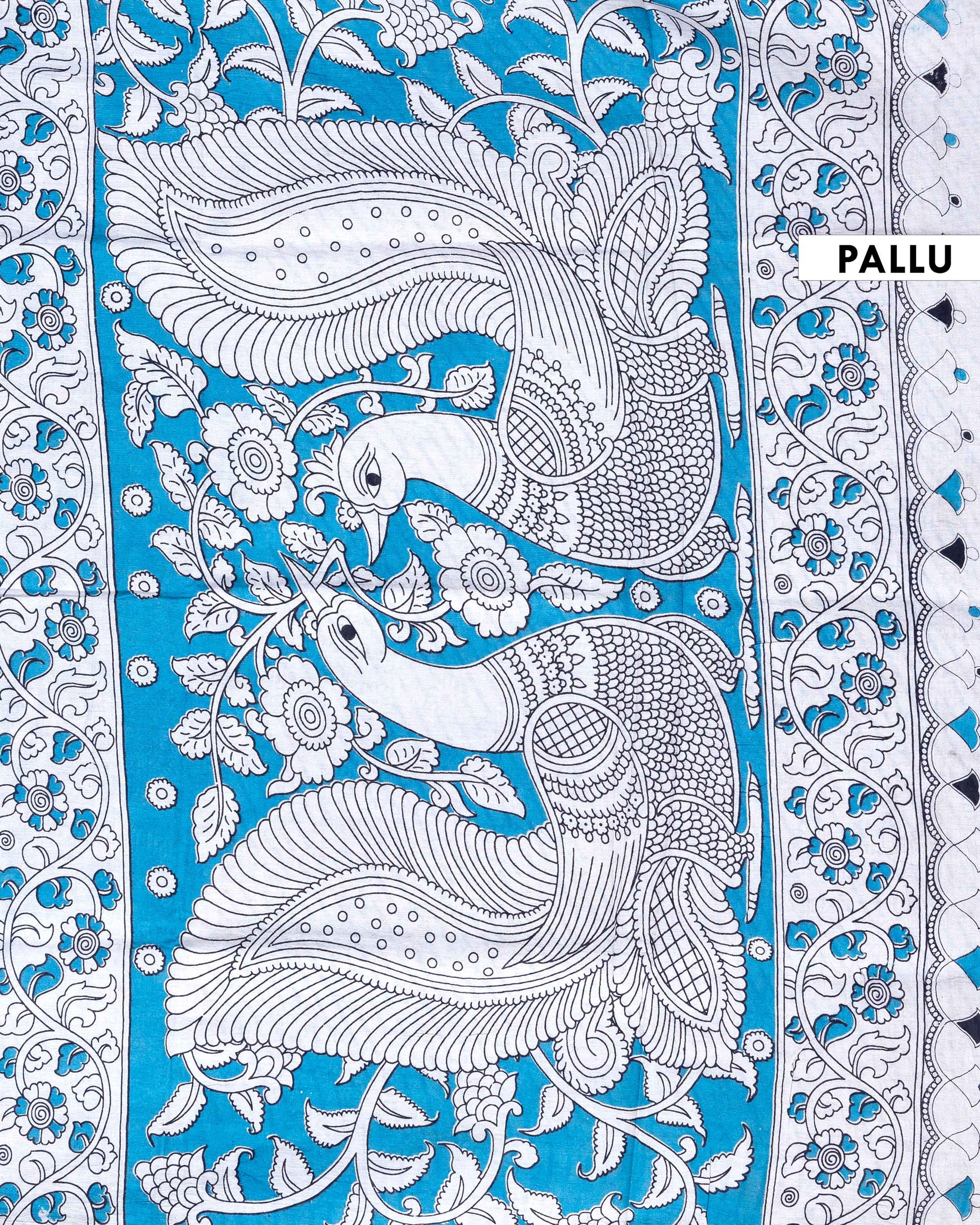 Traditional Handloom Kalamkari Saree Mythological Narratives and Border Detailing - Blue