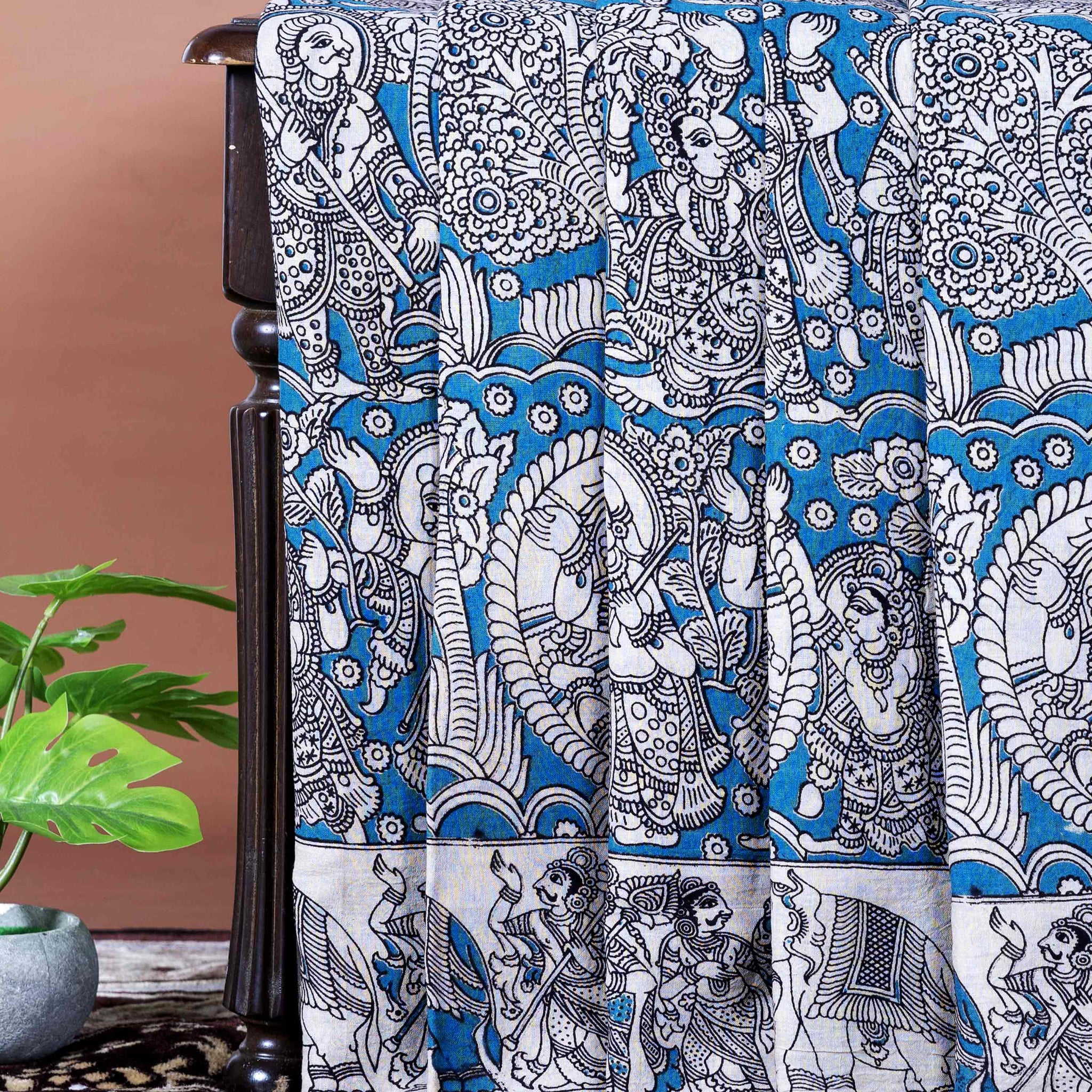 Traditional Handloom Kalamkari Saree Mythological Narratives and Border Detailing - Blue