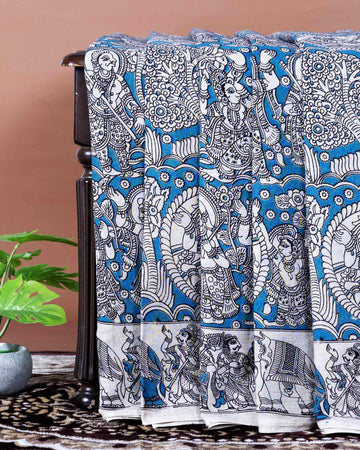 Traditional Handloom Kalamkari Saree Mythological Narratives and Border Detailing - Blue