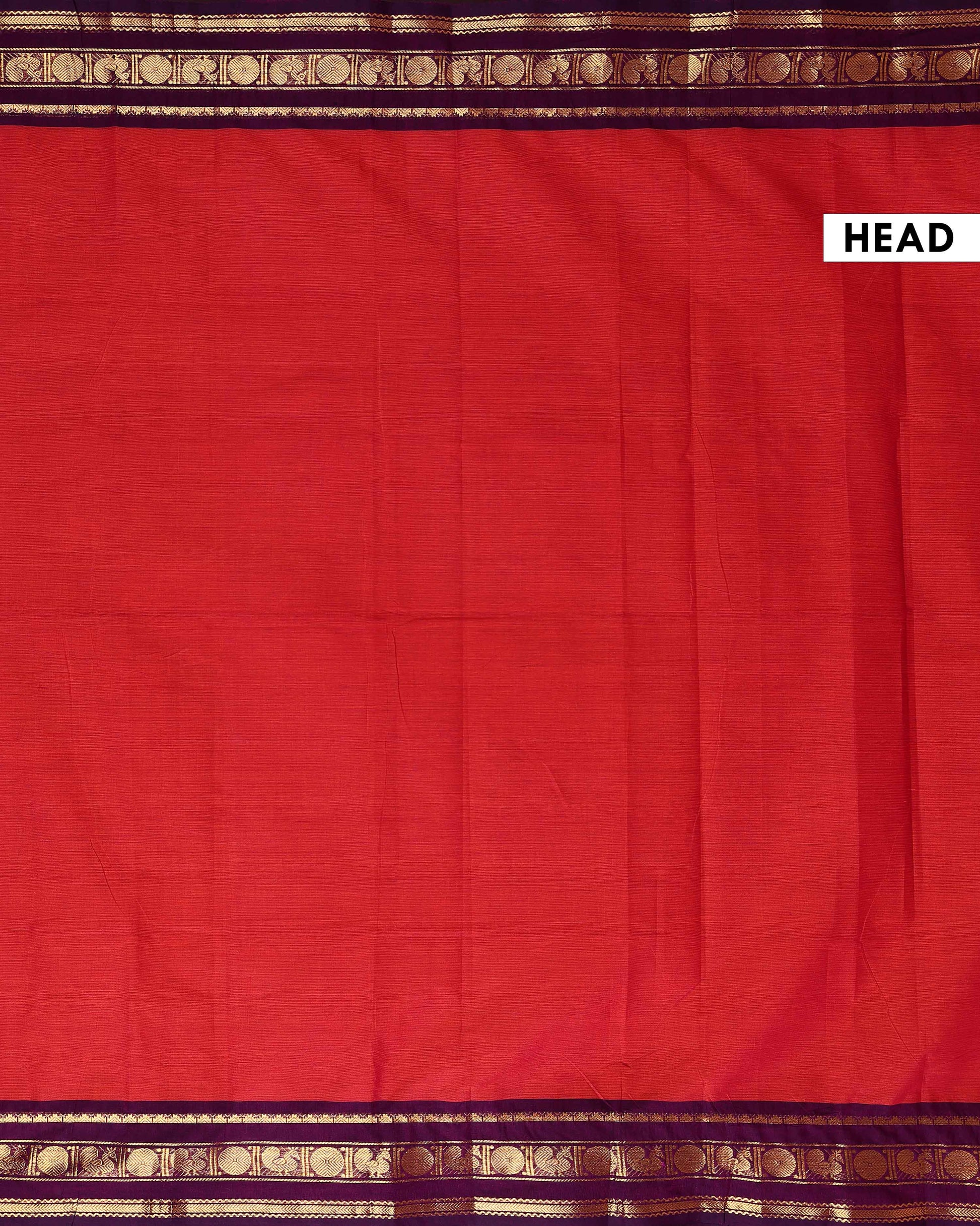 Traditional Handloom Kanchi Cotton Saree with Striped Body and Temple Border - Red-Head