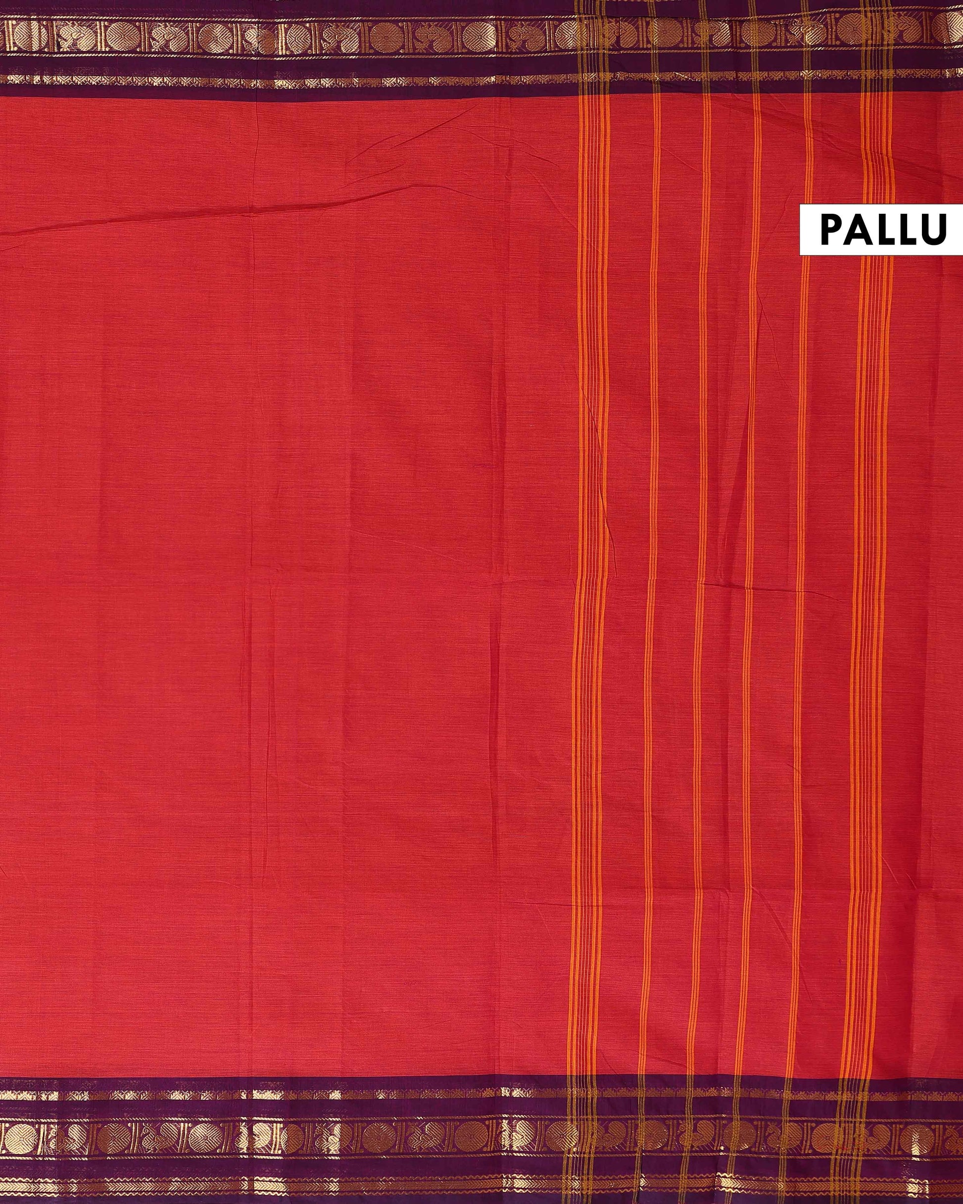 Traditional Handloom Kanchi Cotton Saree with Striped Body and Temple Border - Red-Pallu