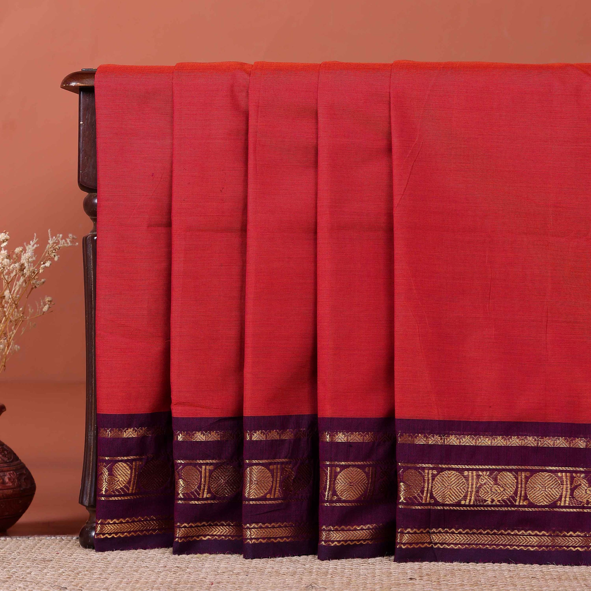 Traditional Handloom Kanchi Cotton Saree with Striped Body and Temple Border - Red