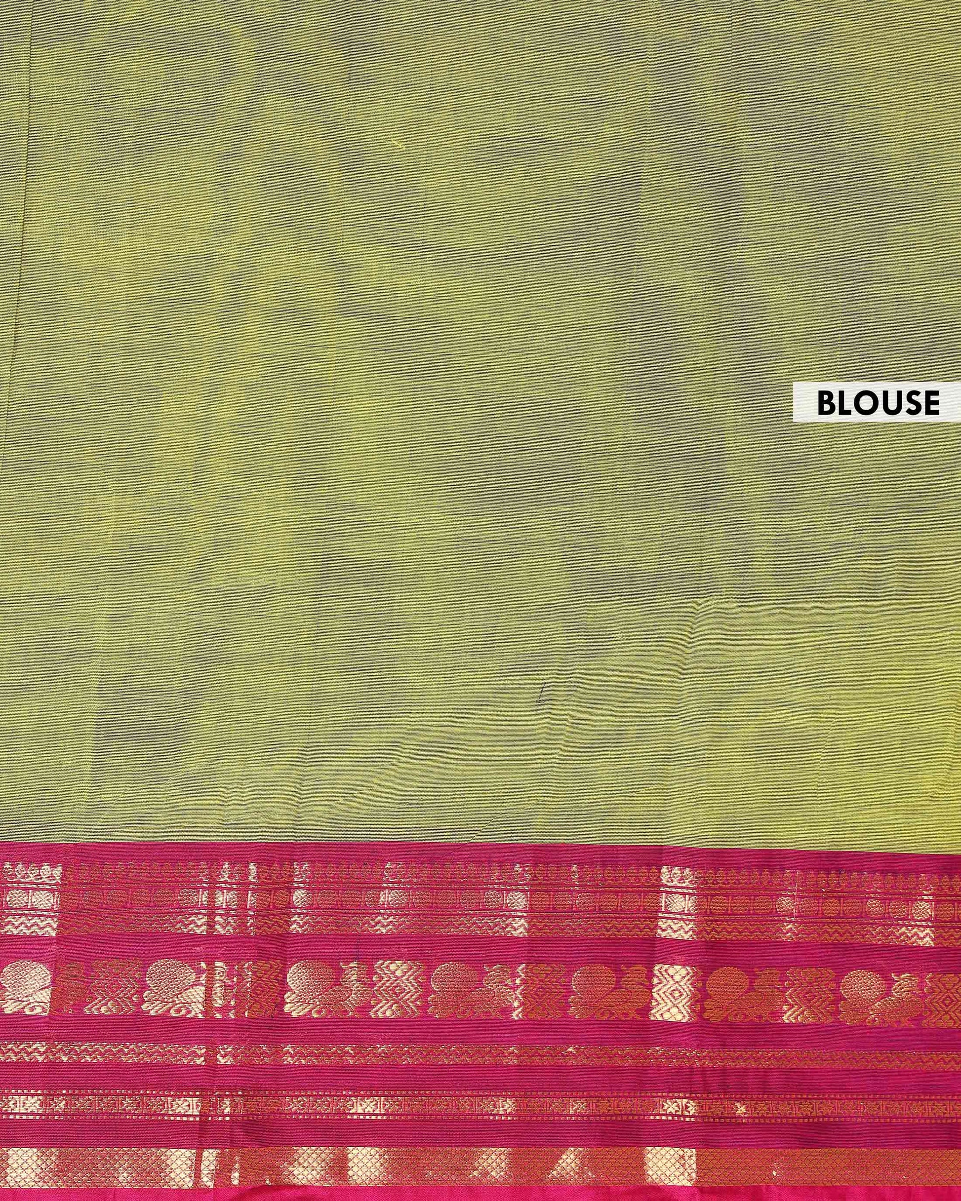 Traditional Handloom Kanchi Cotton Saree with Traditional Zari Border - Green-Blouse