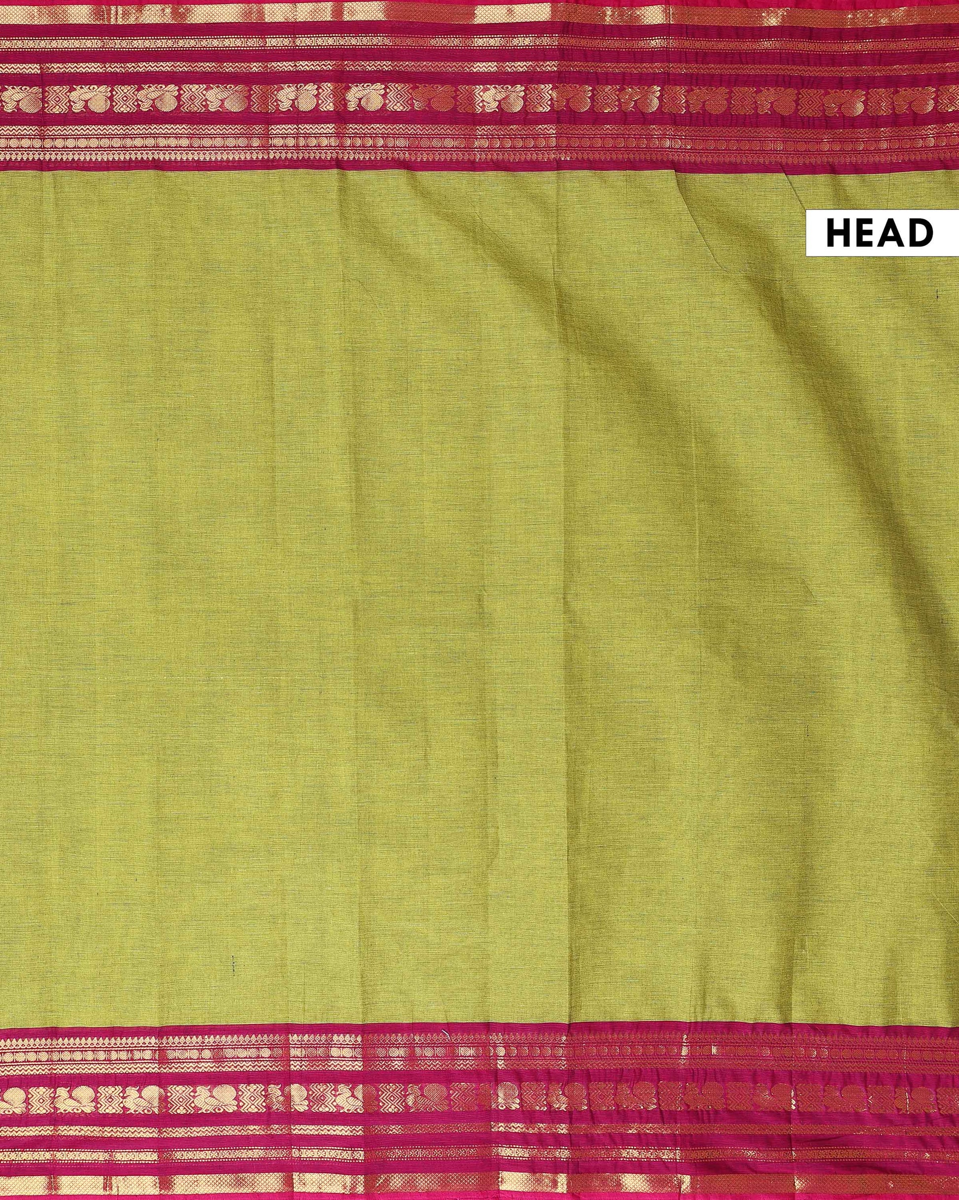 Traditional Handloom Kanchi Cotton Saree with Traditional Zari Border - Green-Head