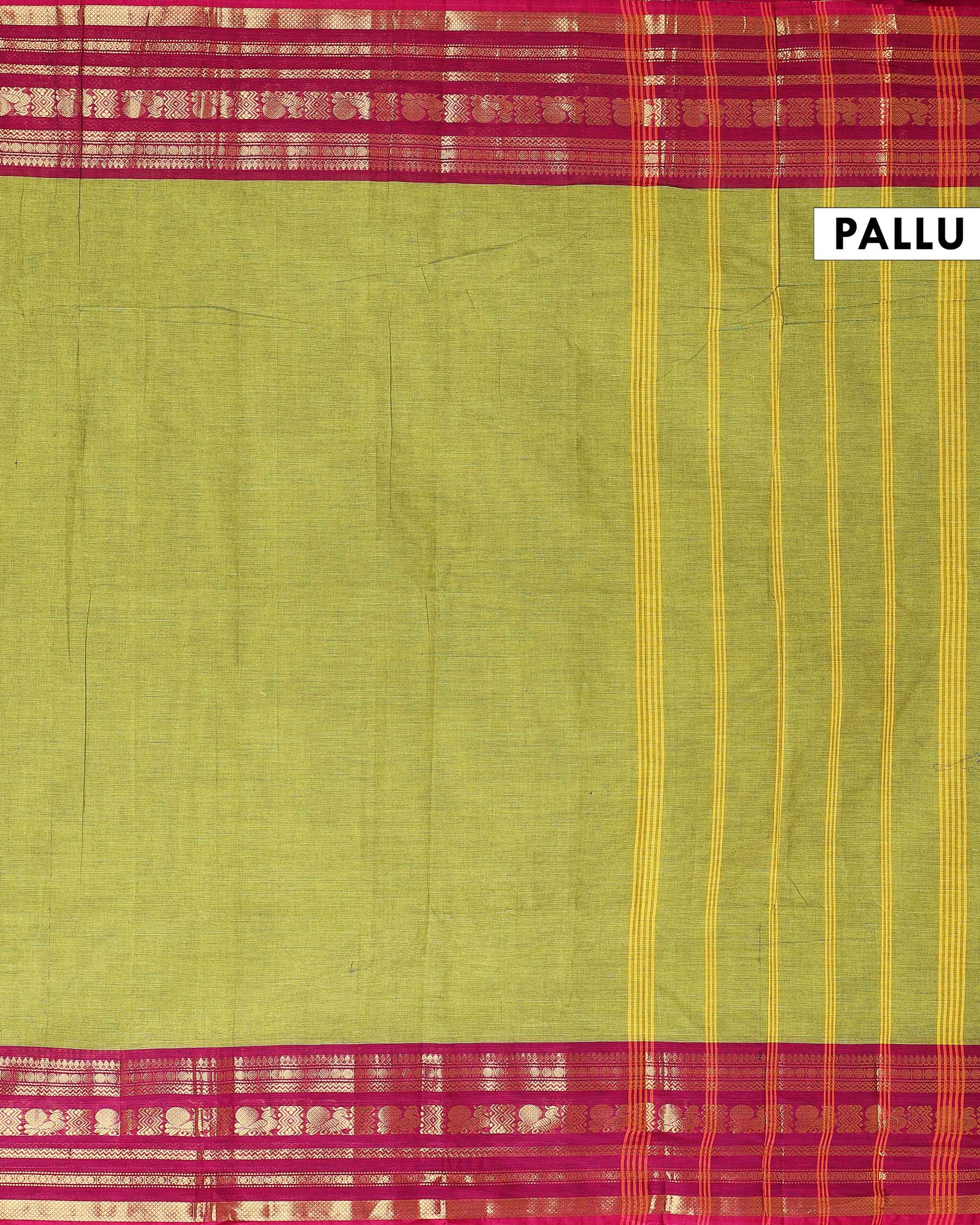 Traditional Handloom Kanchi Cotton Saree with Traditional Zari Border - Green-Pallu