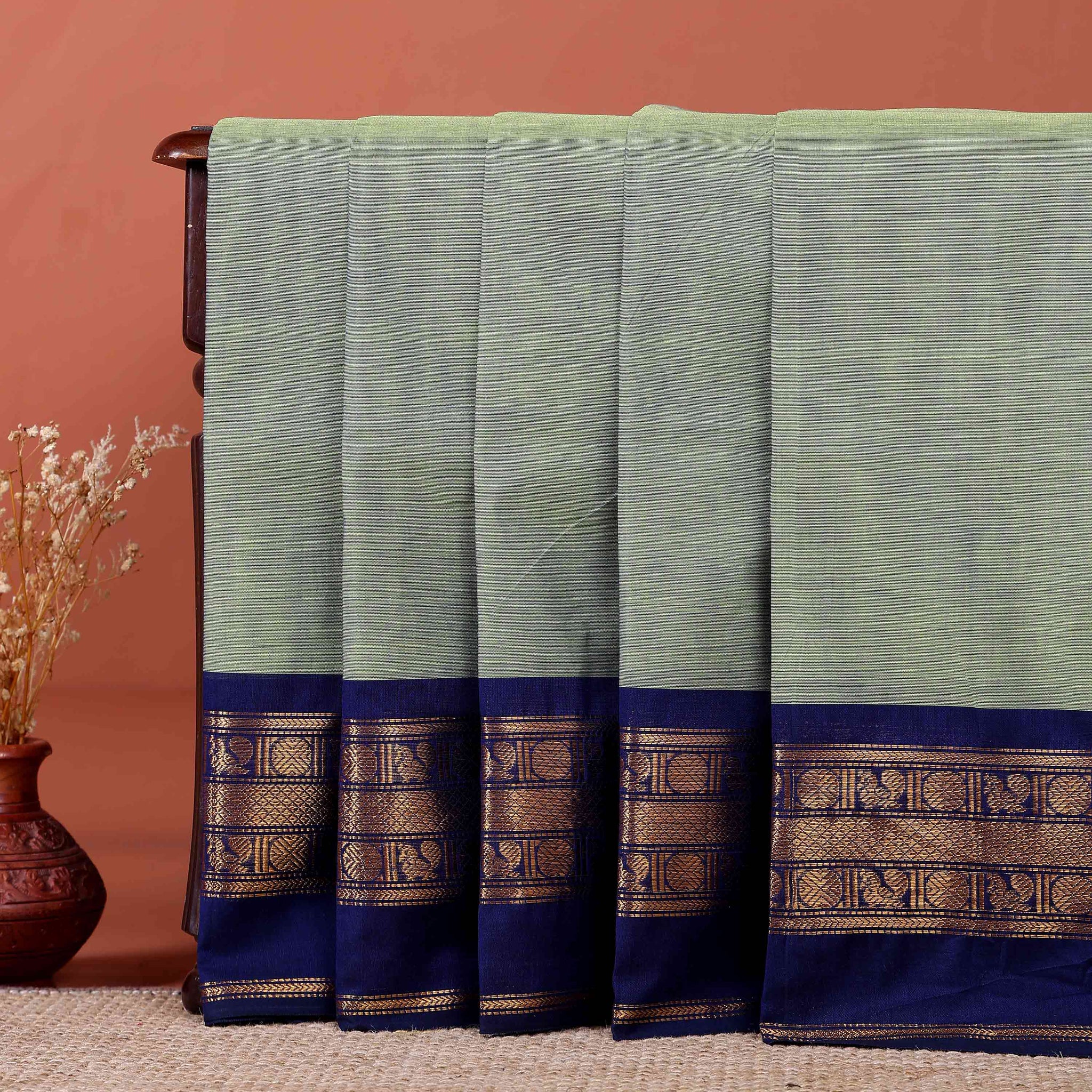 Traditional Handloom Kanchi Cotton Saree with Traditional Zari Border - Light Green