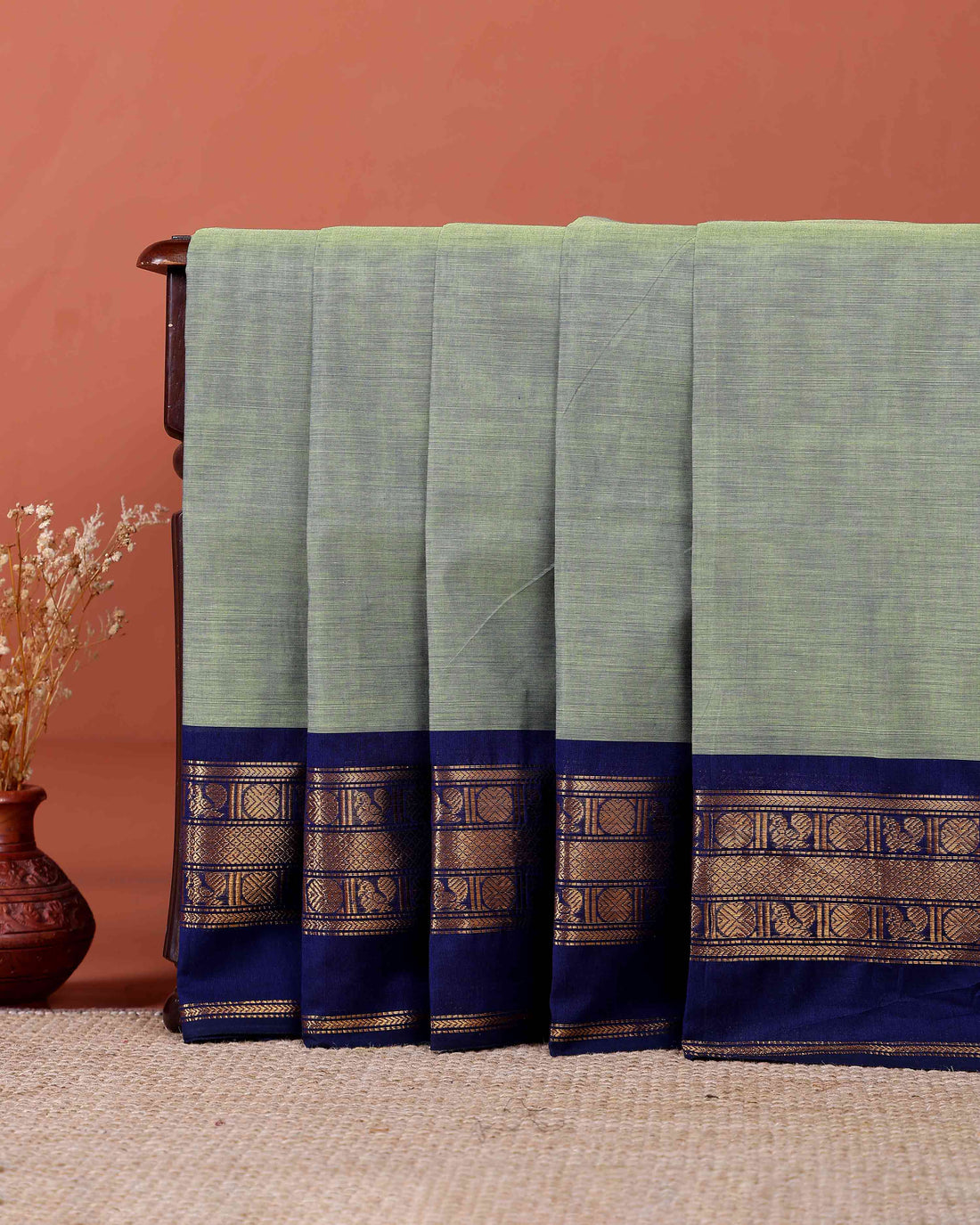 Traditional Handloom Kanchi Cotton Saree with Traditional Zari Border - Light Green