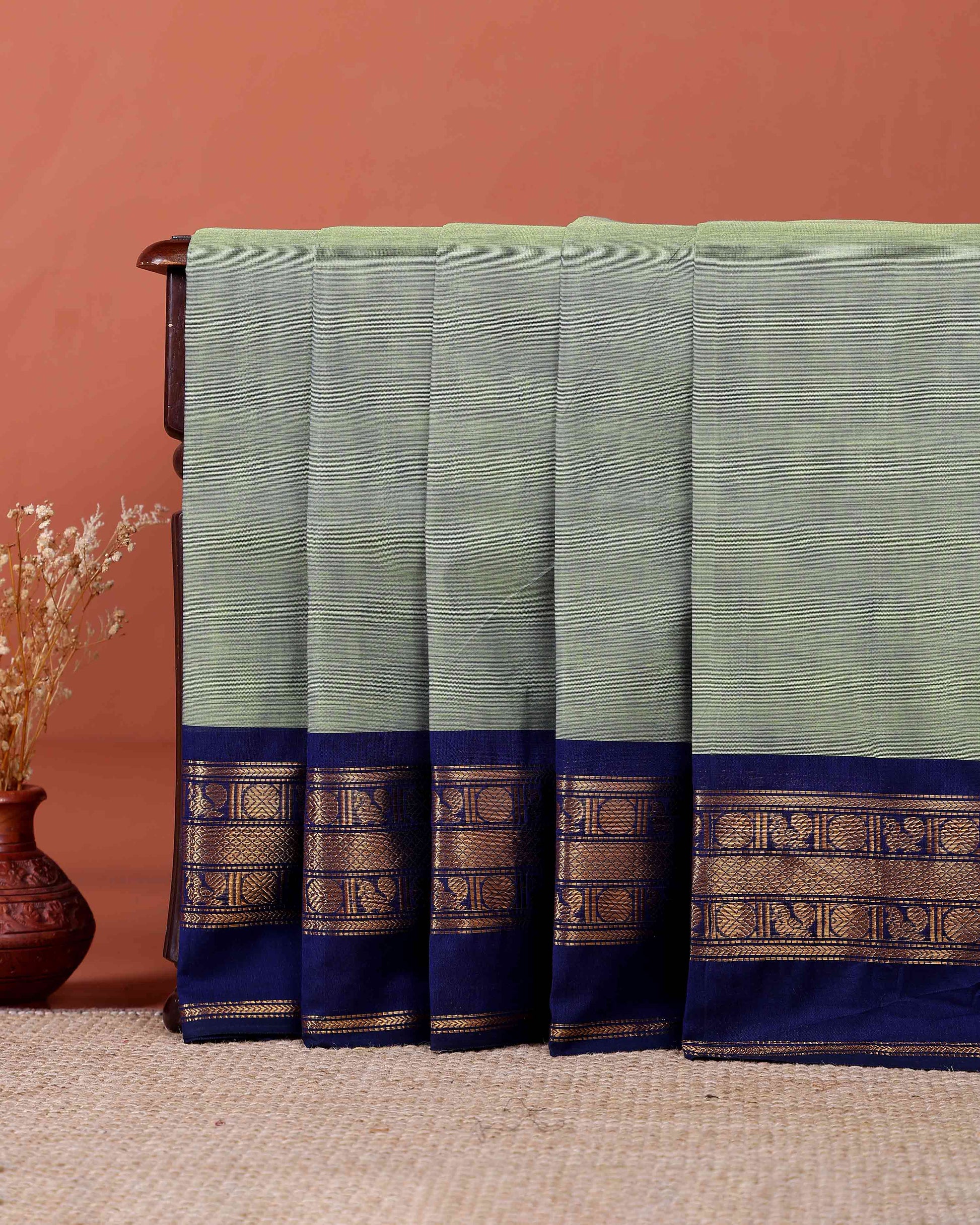Traditional Handloom Kanchi Cotton Saree with Traditional Zari Border - Light Green