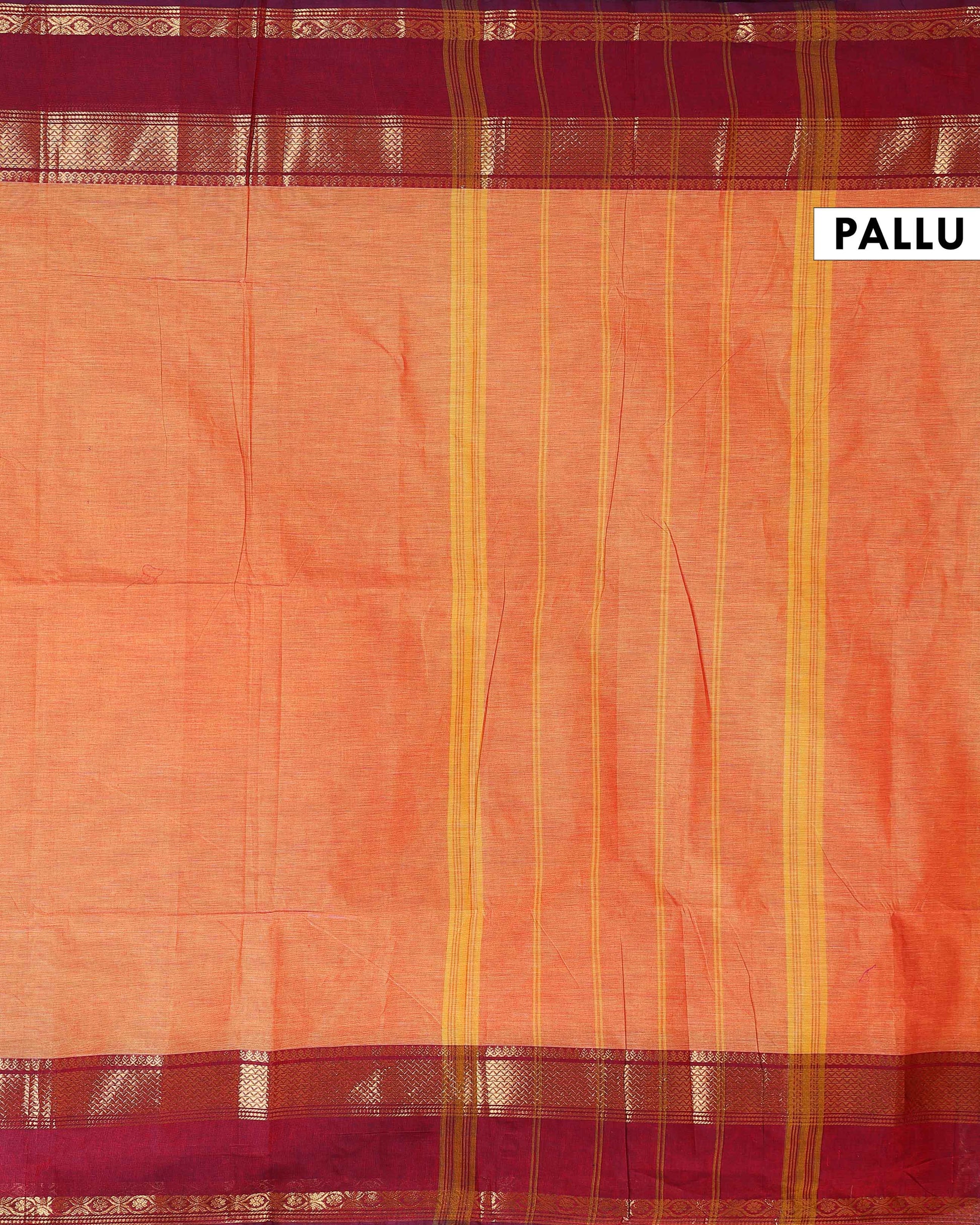 Traditional Handloom Kanchi Cotton Saree with Traditional Zari Border - Orange-Pallu