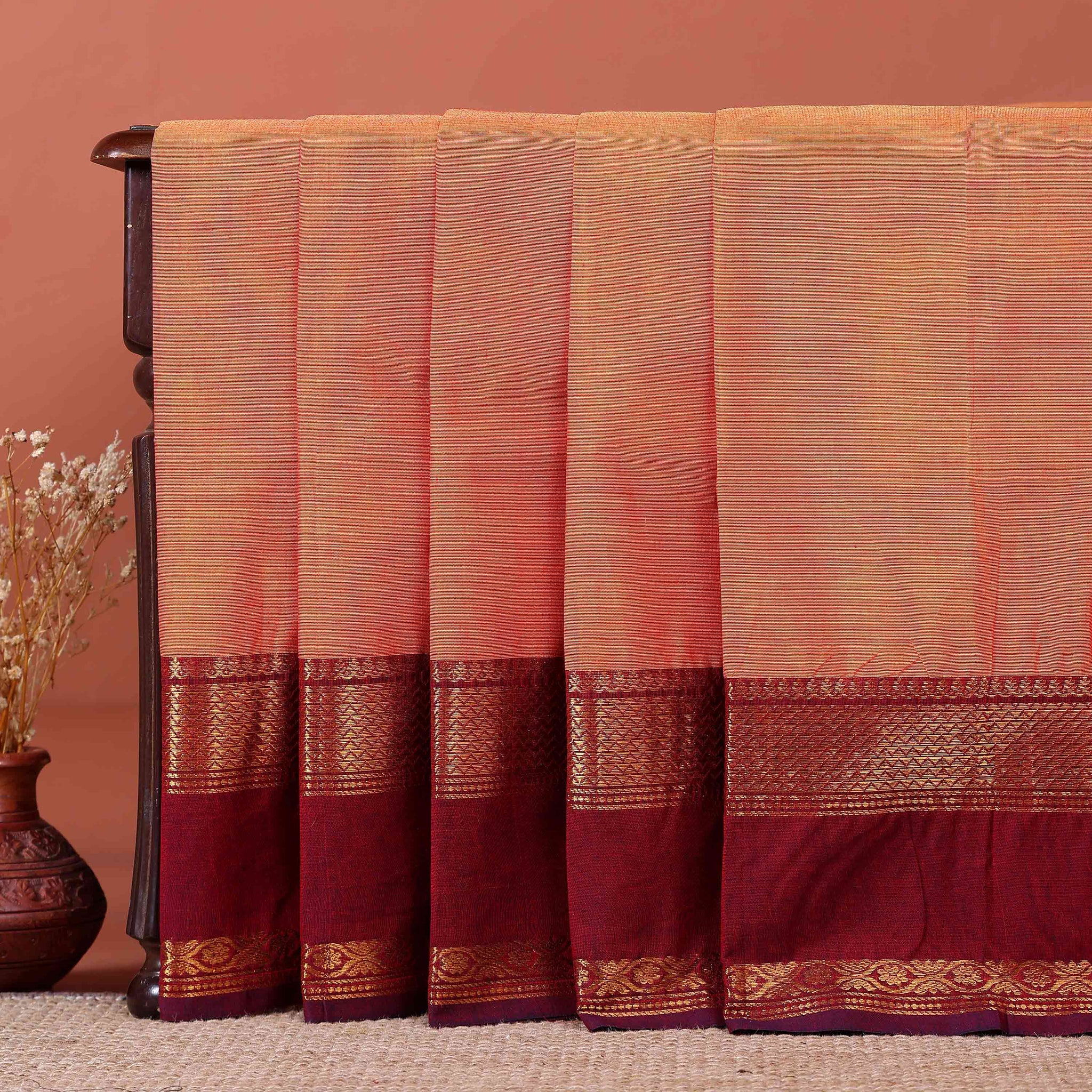 Traditional Handloom Kanchi Cotton Saree with Traditional Zari Border - Orange