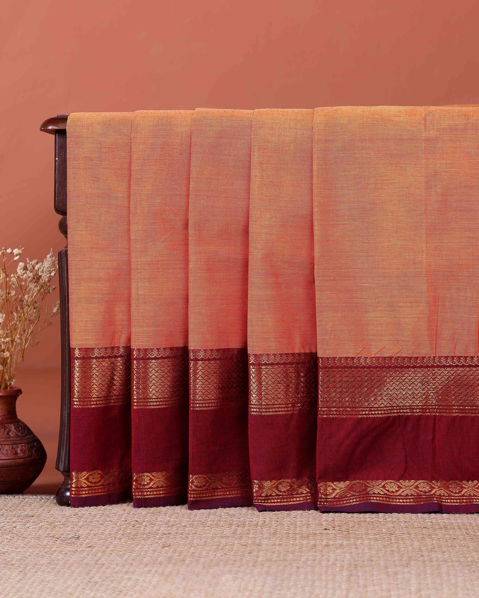 Traditional Handloom Kanchi Cotton Saree with Traditional Zari Border - Orange