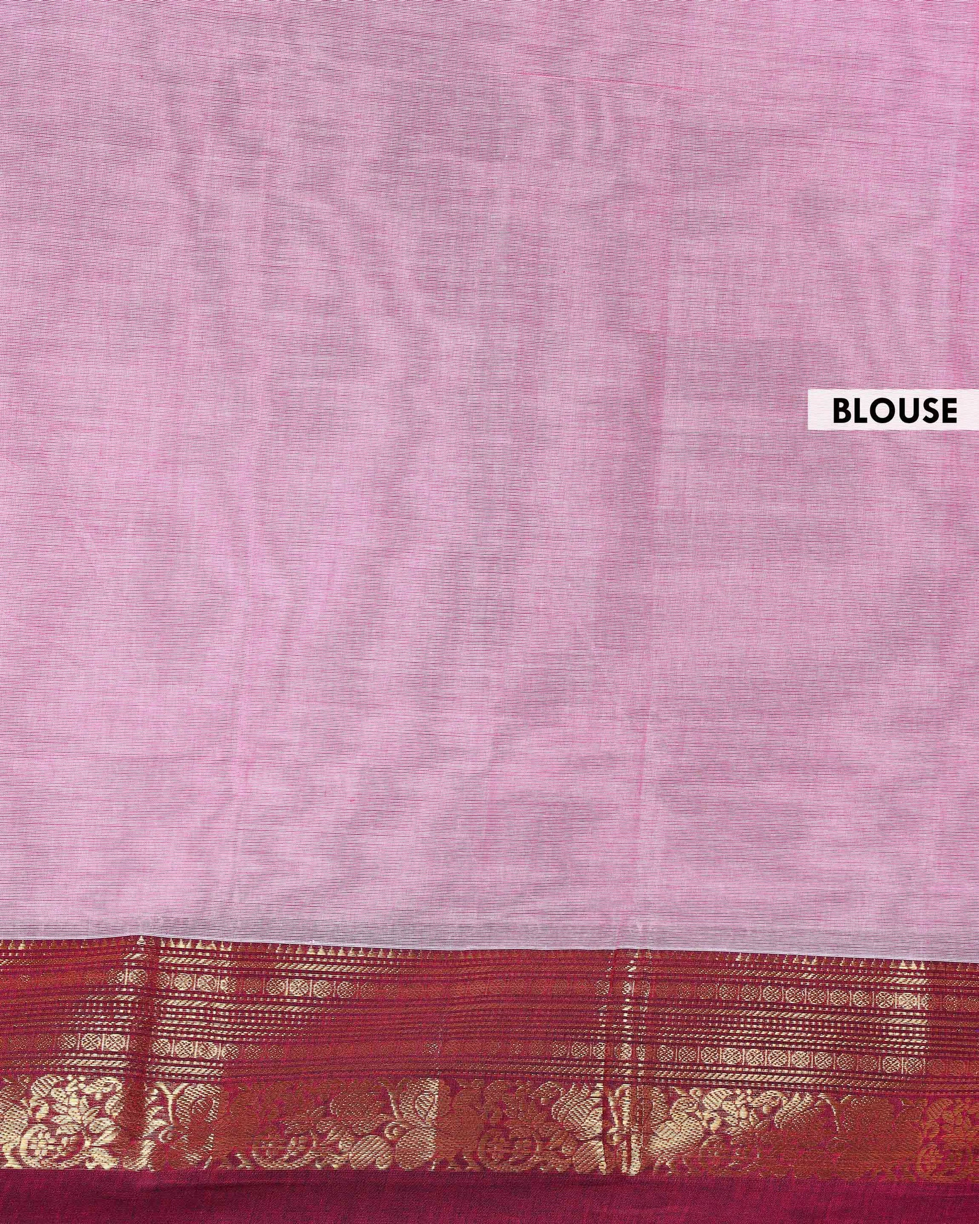 Traditional Handloom Kanchi Cotton Saree with Traditional Zari Border - Pink-Blouse