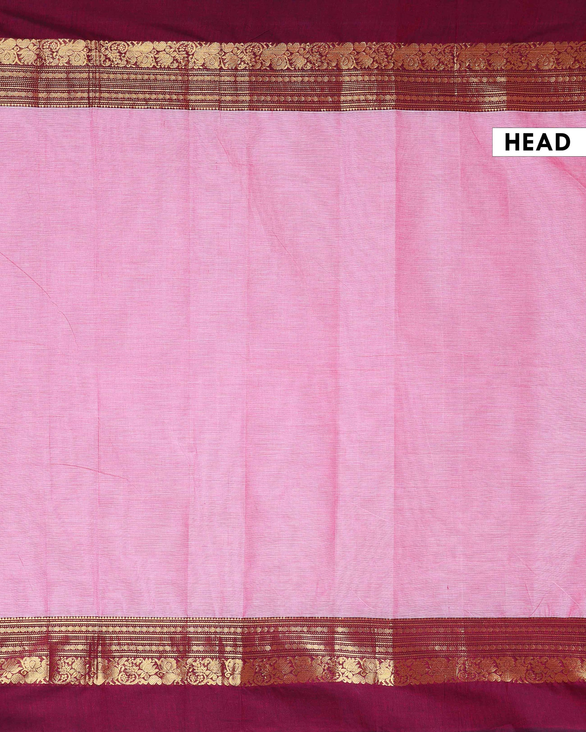 Traditional Handloom Kanchi Cotton Saree with Traditional Zari Border - Pink-Head