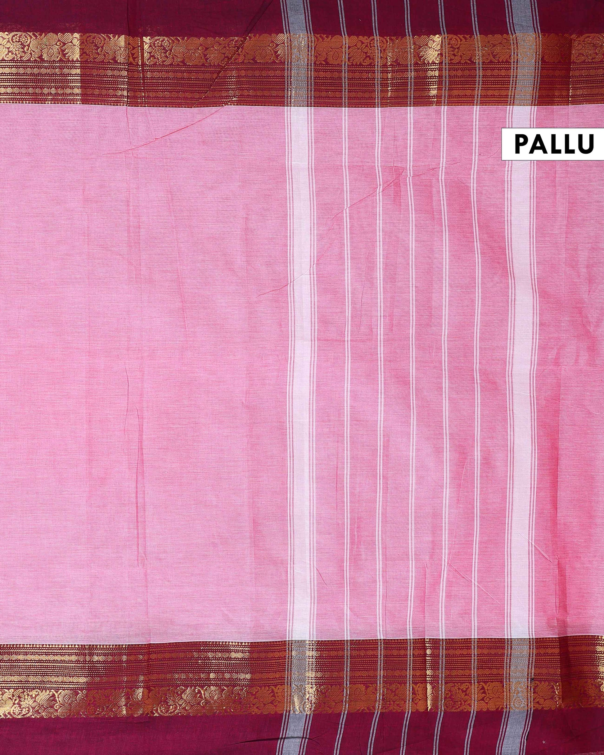 Traditional Handloom Kanchi Cotton Saree with Traditional Zari Border - Pink-Pallu