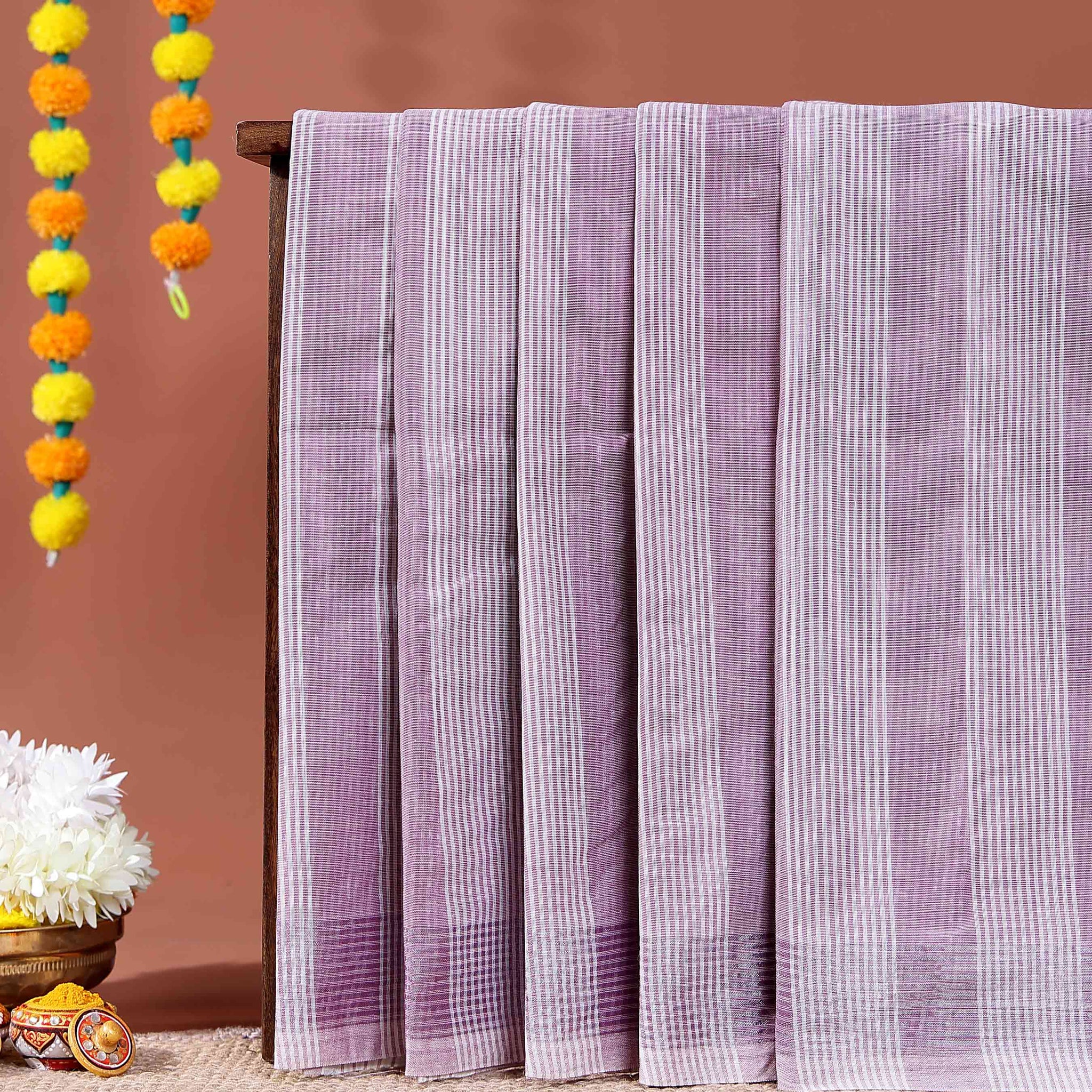 Traditional Handloom Kovai Cotton Saree with Woven Stripes and Zari Border - Purple