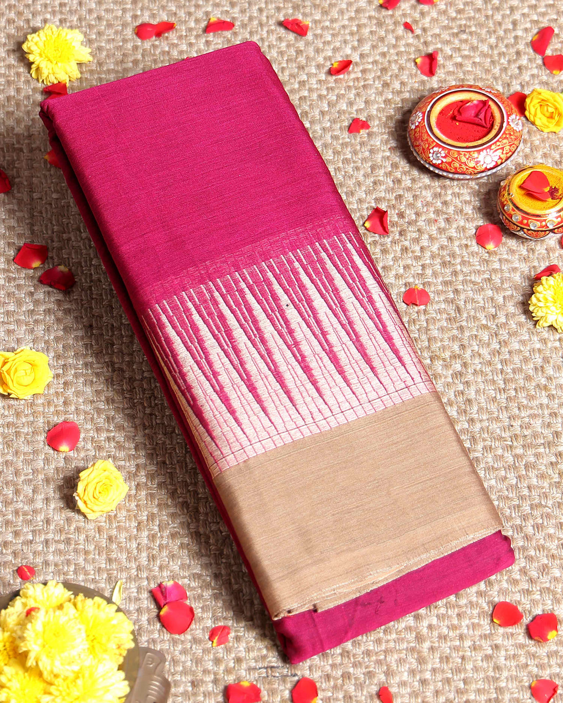 Traditional Handloom Narayanpet Cotton Saree with Classic Temple Border - Dark Pink