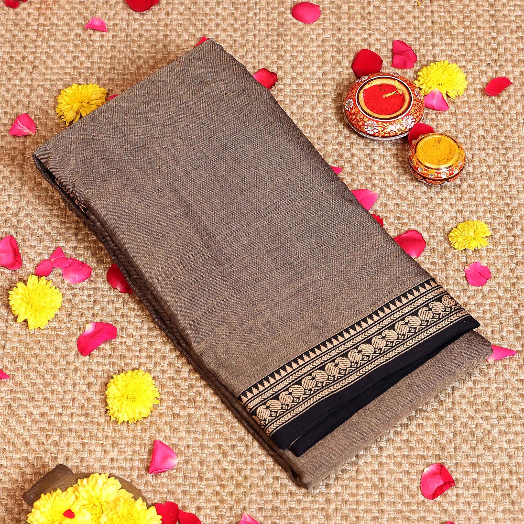 Traditional Handloom Narayanpet Cotton Saree with Contrast Woven Border and Pallu Design - Brown