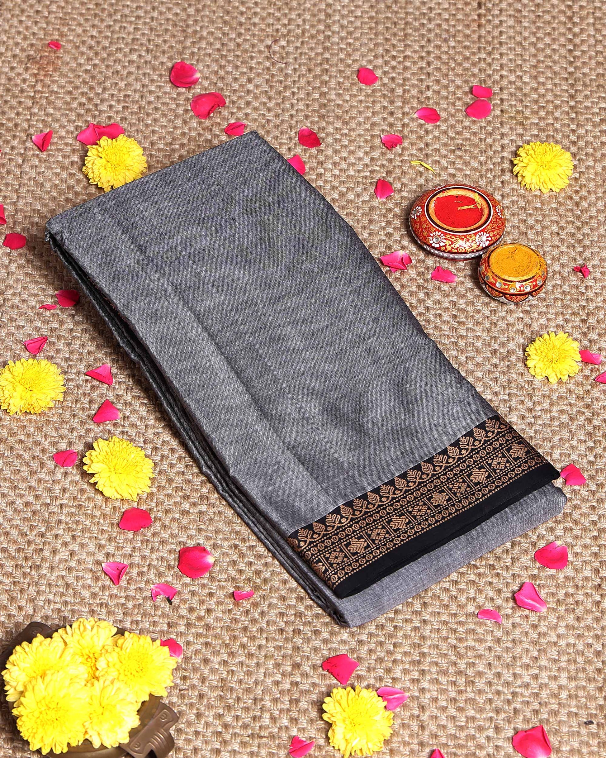 Traditional Handloom Narayanpet Cotton Saree with Intricate Temple Border Weave - Grey