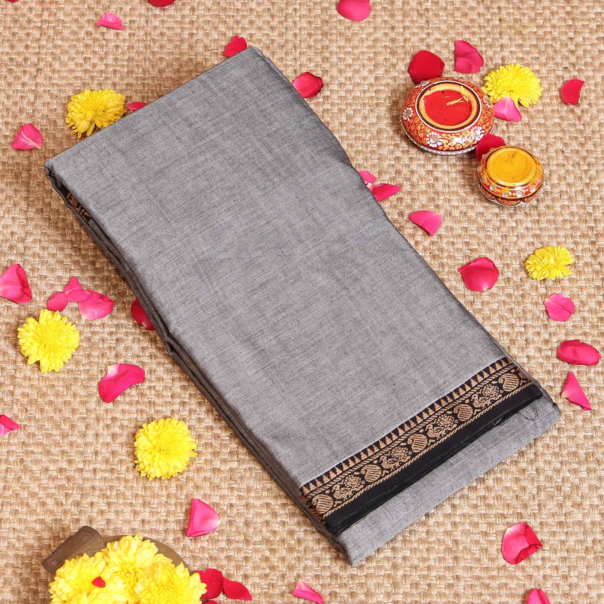 Traditional Handloom Narayanpet Cotton Saree with Intricate Temple Design Border - Grey