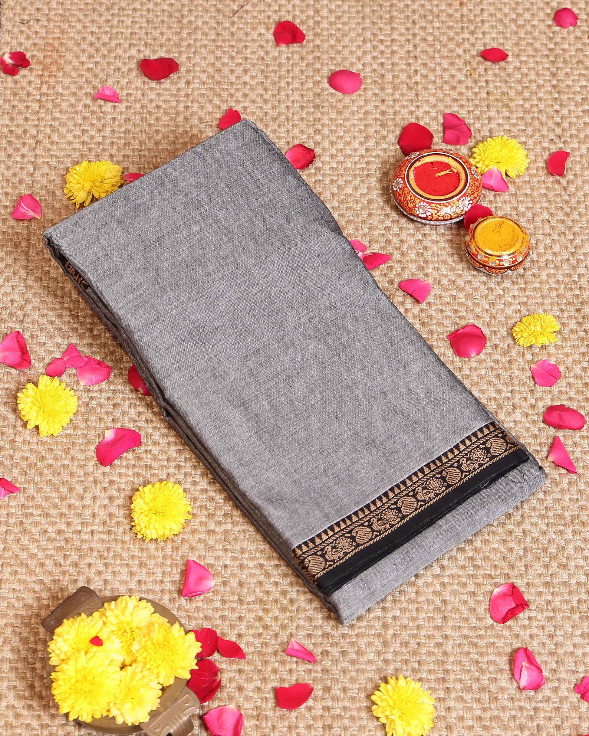 Traditional Handloom Narayanpet Cotton Saree with Intricate Temple Design Border - Grey