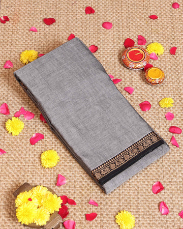Traditional Handloom Narayanpet Cotton Saree with Intricate Temple Design Border - Grey