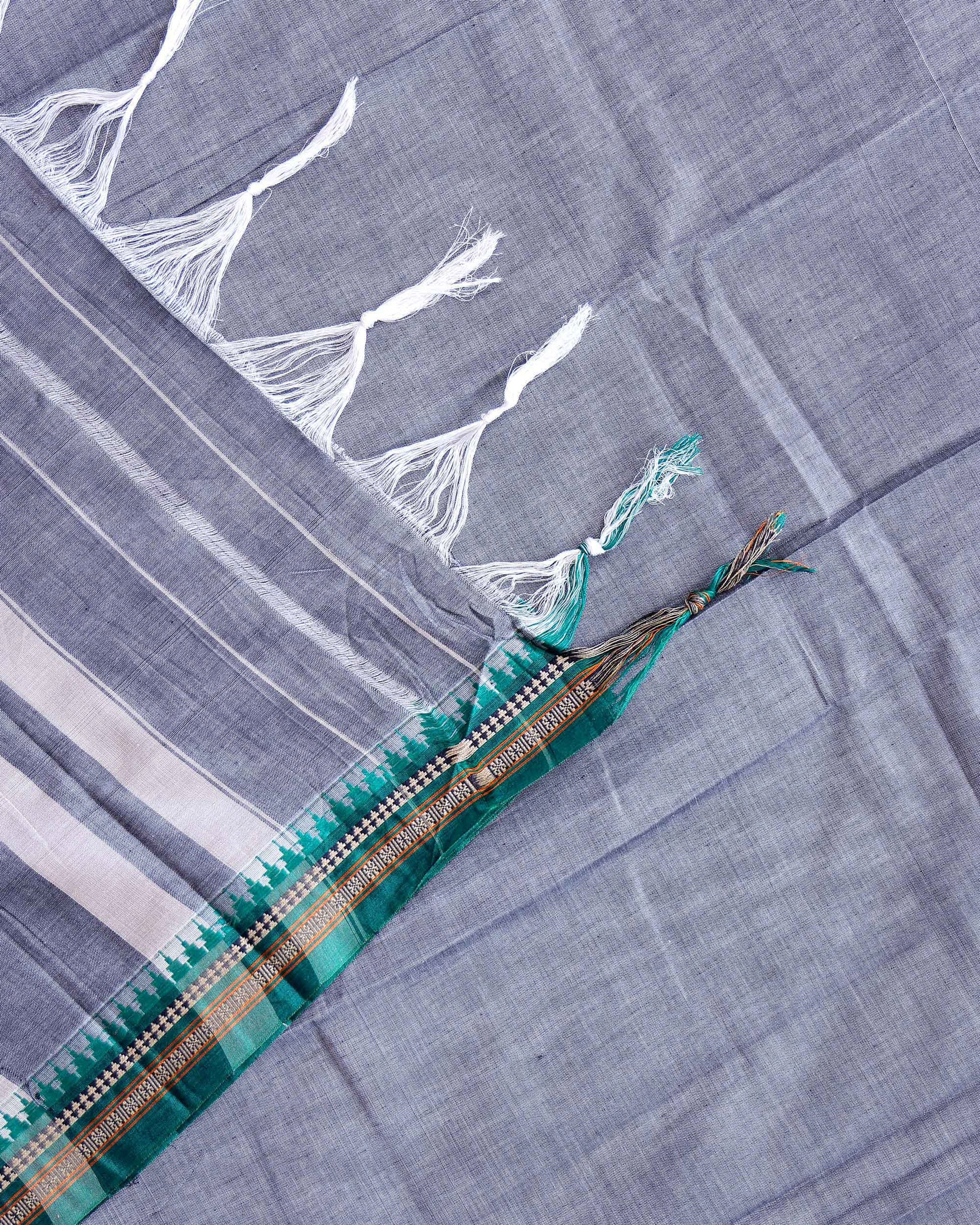 Traditional Handloom Narayanpet Cotton Saree with Traditional Green Temple Border - Grey