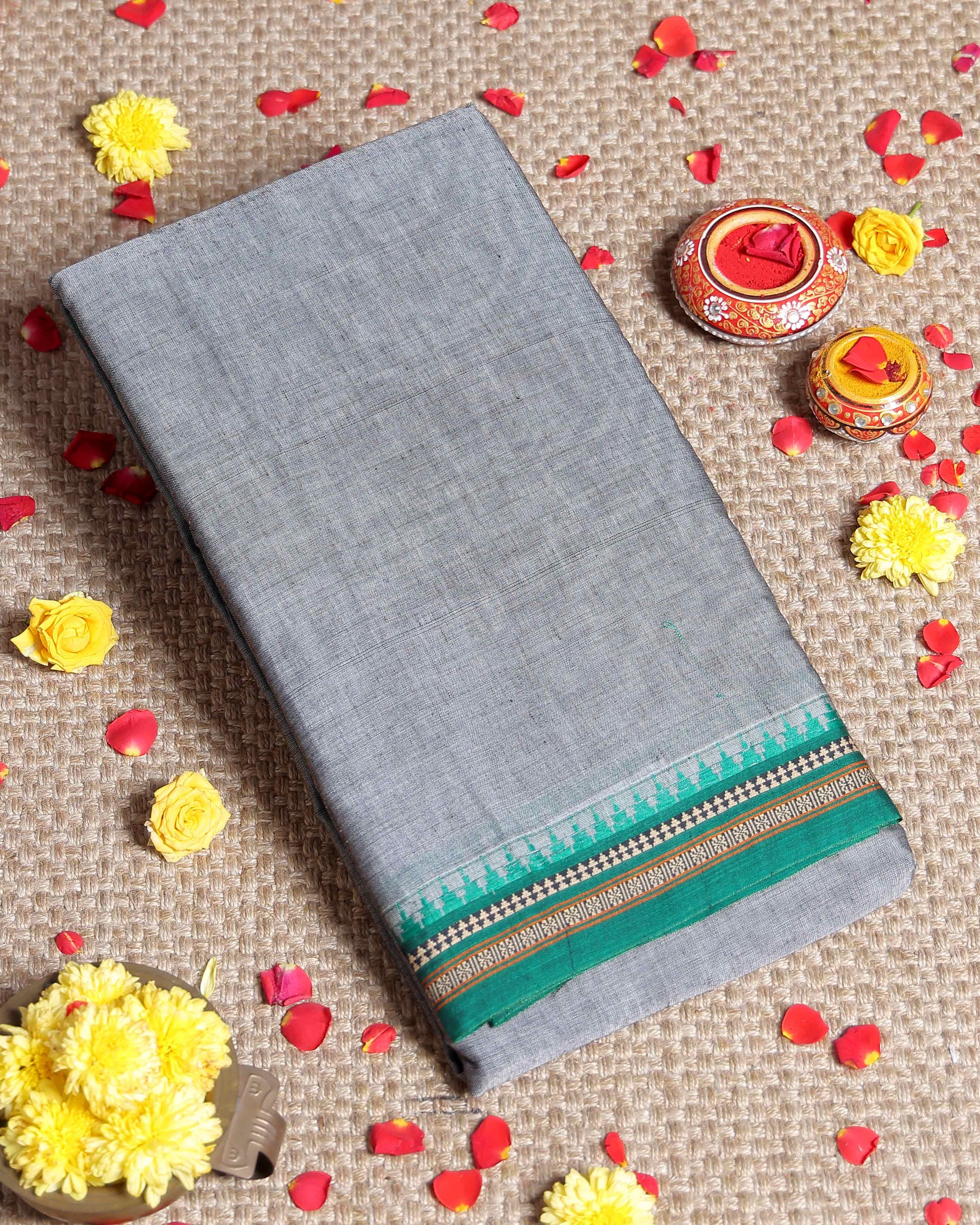 Traditional Handloom Narayanpet Cotton Saree with Traditional Green Temple Border - Grey