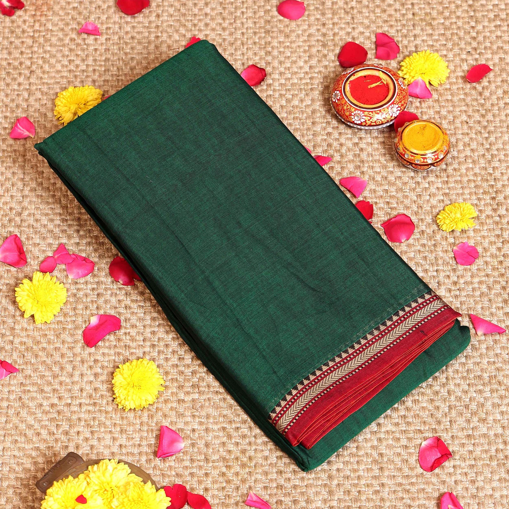 Traditional Handloom Narayanpet Cotton Saree with Traditional Temple Border - Green