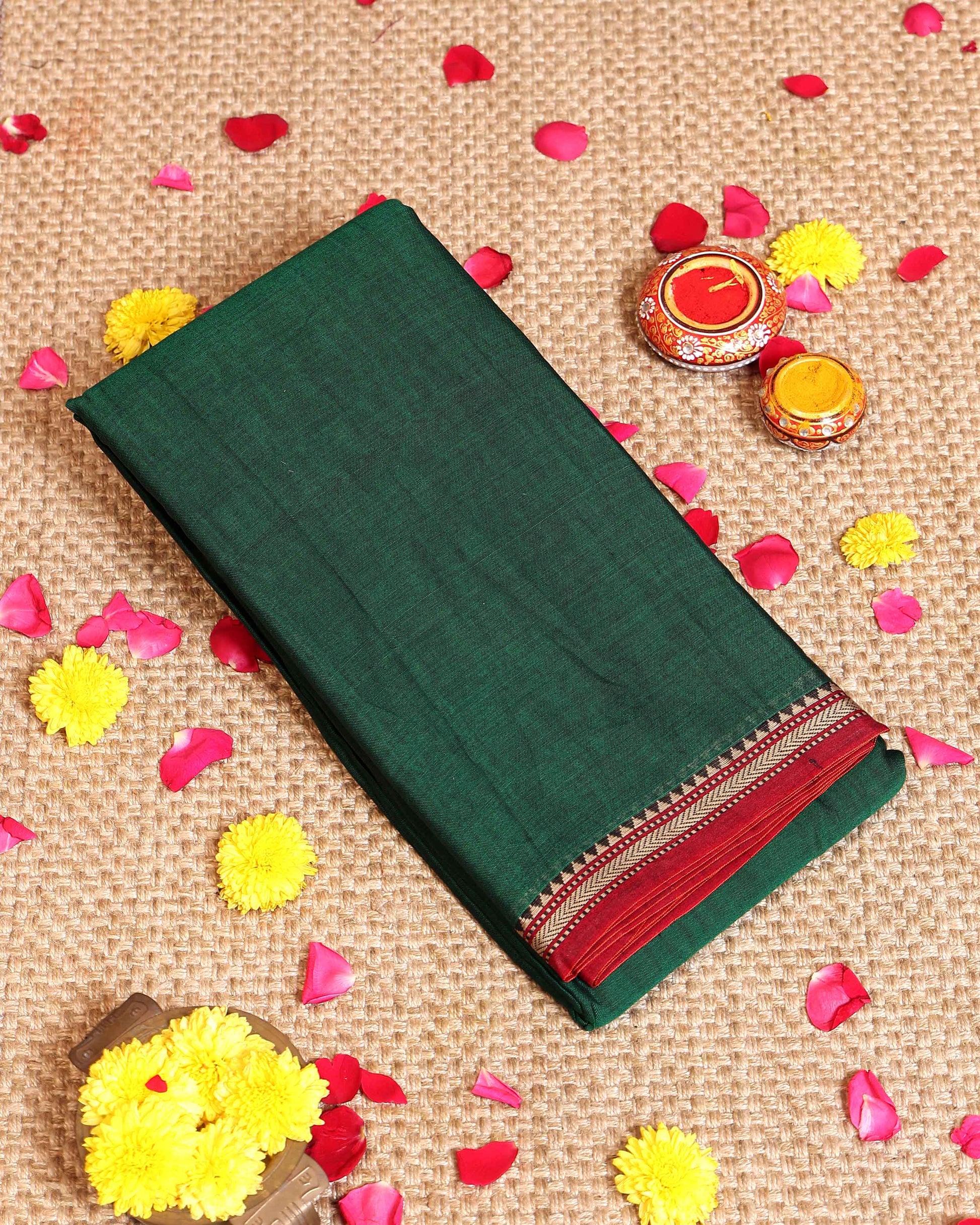 Traditional Handloom Narayanpet Cotton Saree with Traditional Temple Border - Green