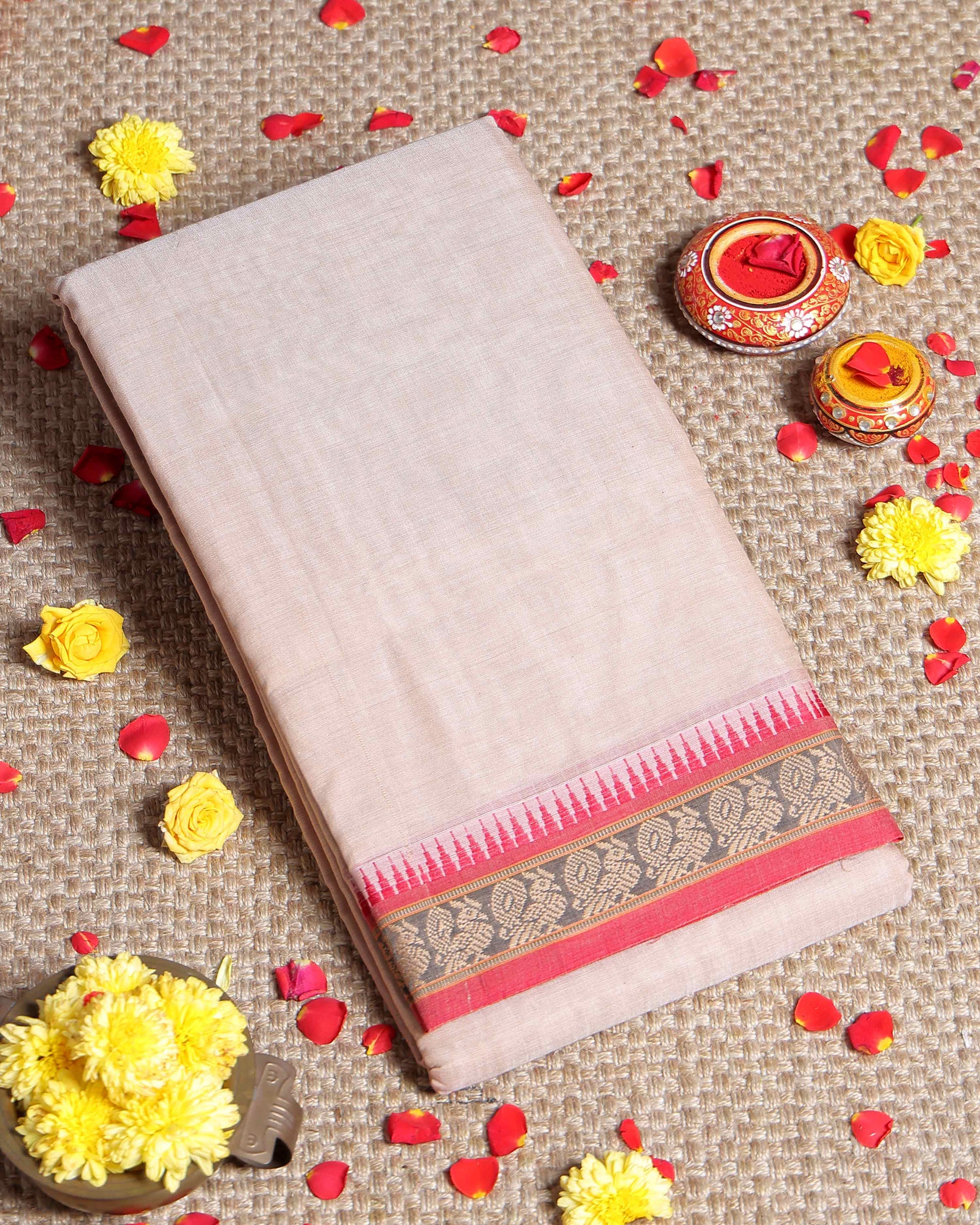 Traditional Handloom Narayanpet Cotton Saree with Traditional Temple Border and Intricate Weave - Light Pink