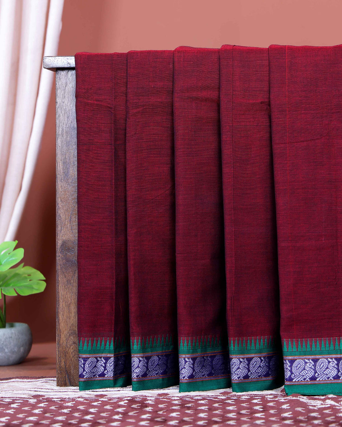 Traditional Handloom Narayanpet Cotton Saree with Traditional Temple Border and Intricate Weave - Maroon